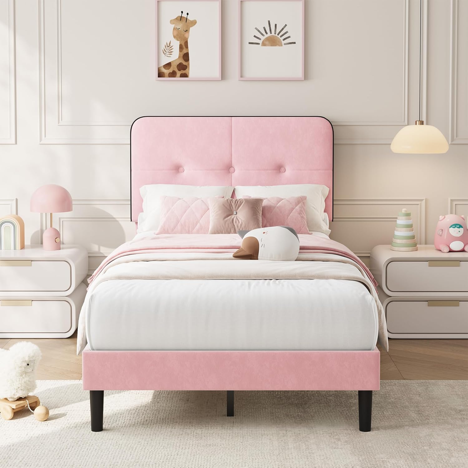 IdealHouse - Twin Velvet Bed Frame Upholstered Platform Bed Frames with Adjustable Headboard Anti...