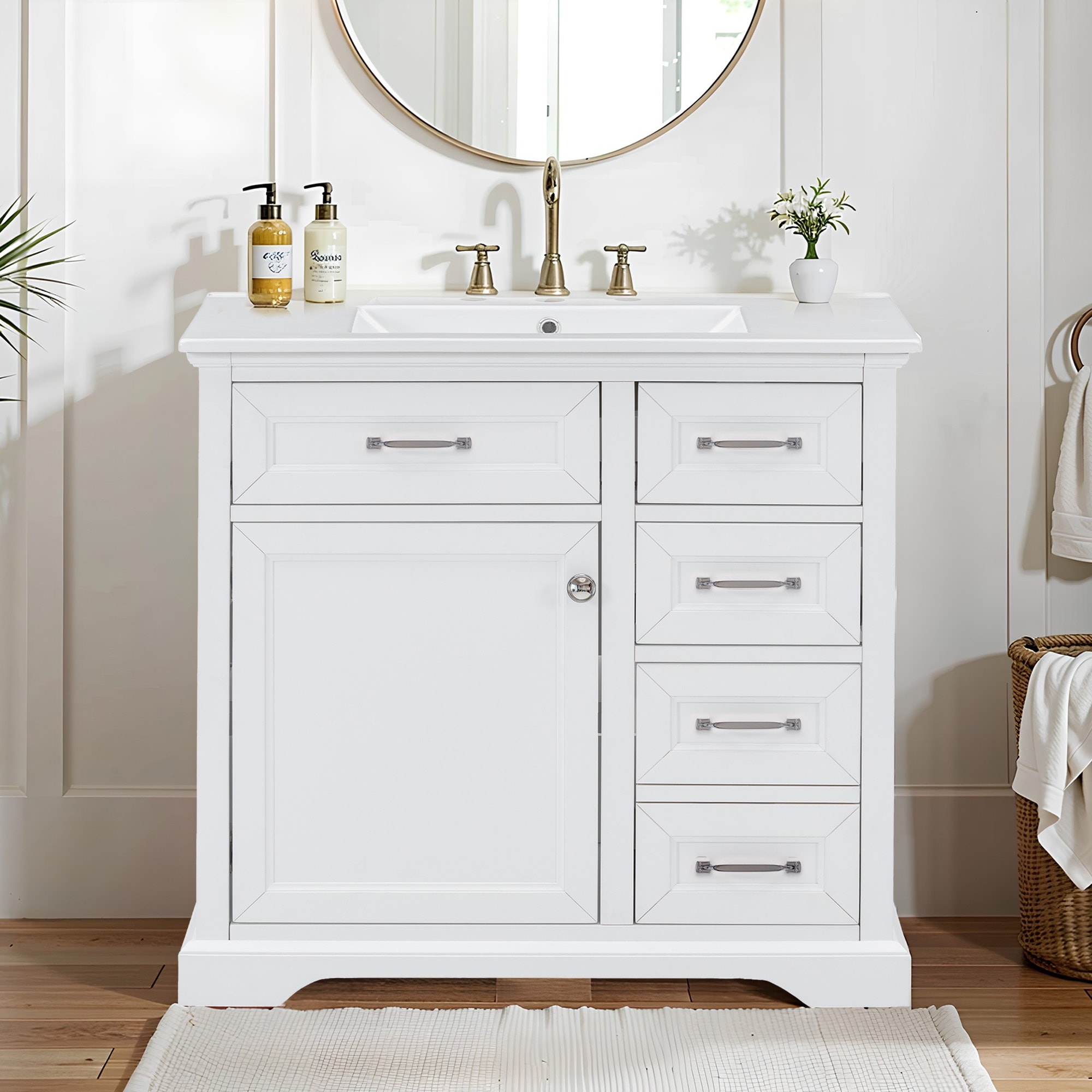 KERDOM  Wooden Bathroom Vanity Unit With Ceramic Sink Multi Functional Bathroom Storage Organizer Pedestal Sink Cabinet Designed With Adjustable Door Shelves And Functional Drawer