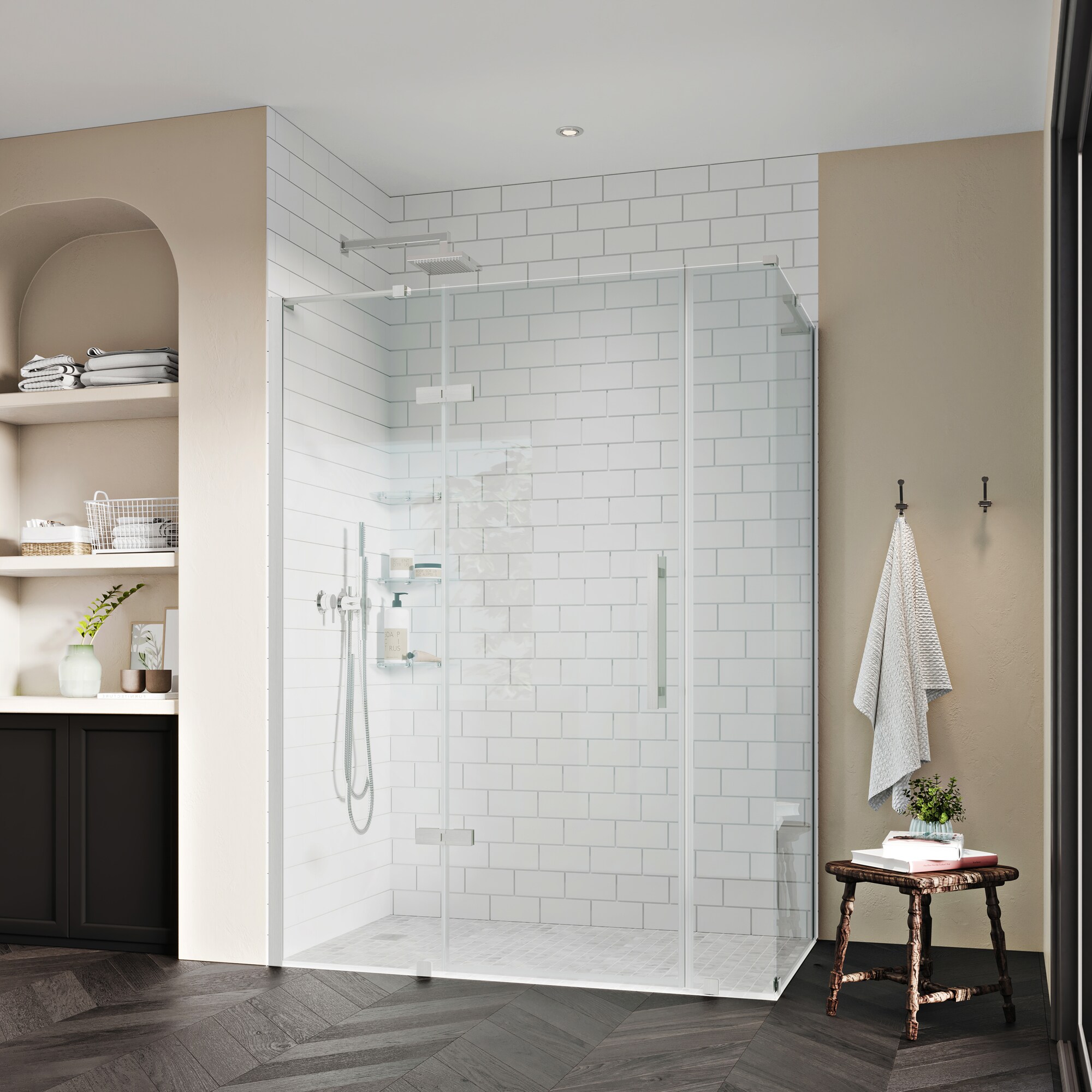 Tampa Nickel Frameless Corner Shower Kit with Glass Panels and Shelves
