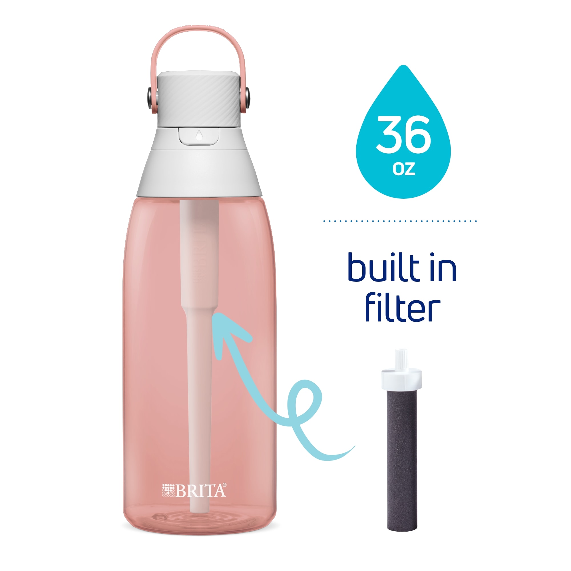 Brita Premium Water Bottle with Filter Stainless Steel, BPA Free, Pink, 26oz