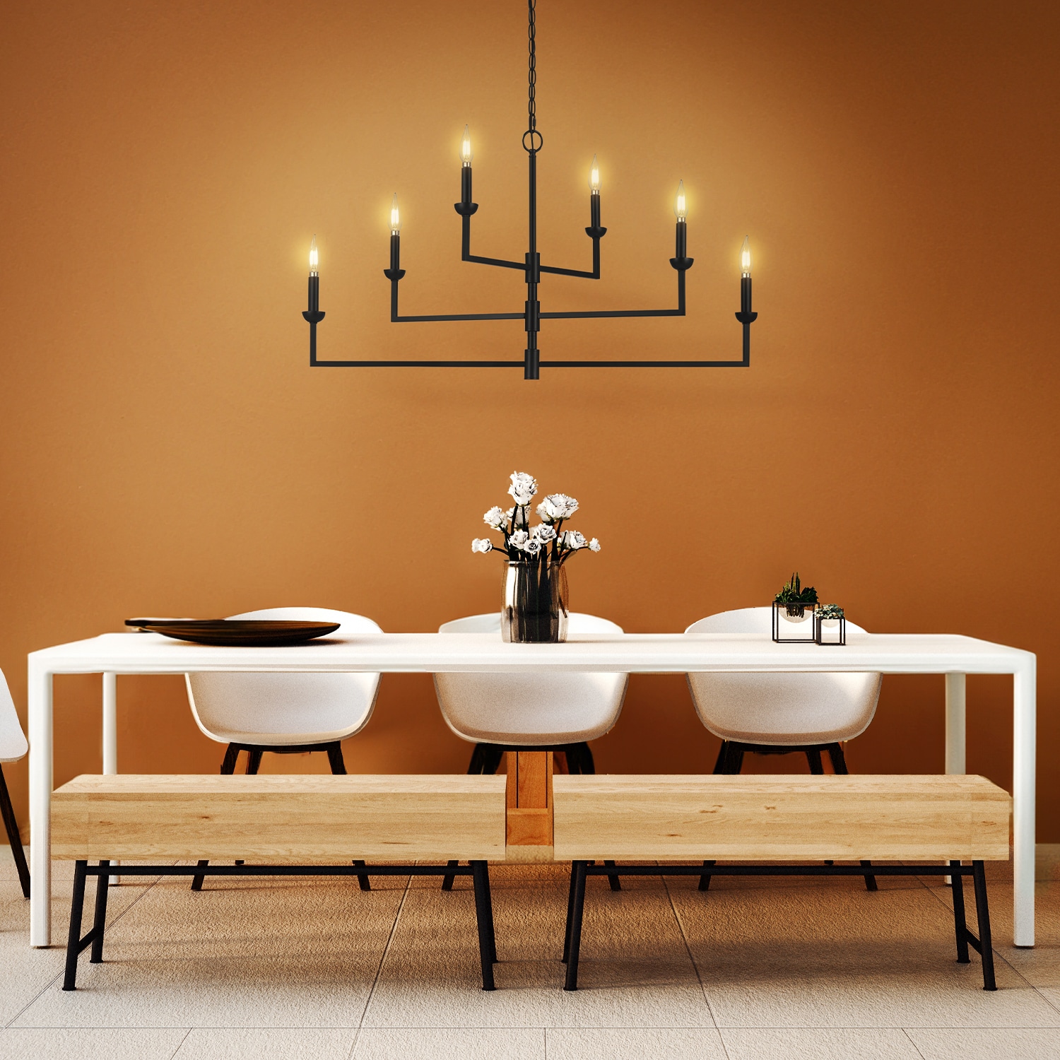 Globe Electric 91006663 6 -Light Matte Black Modern/contemporary Bare bulb For Use in Bedrooms, Dining Rooms, Foyers, Living Rooms Chandelier