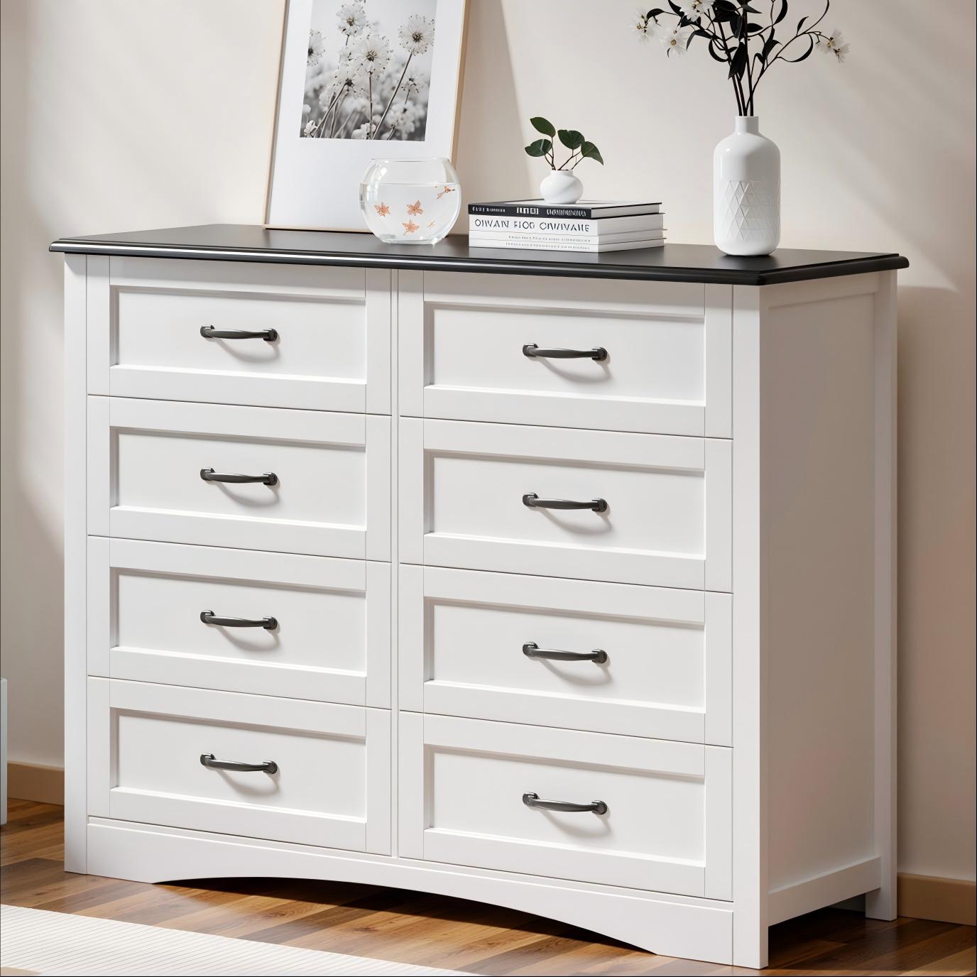 Lofka 47.2-in W White 8 Drawer Dresser with Black Top Larger Chest of Drawers with Metal Handles Modern Storage Cabinet for Bedroom Living Room Entryway and Hallway