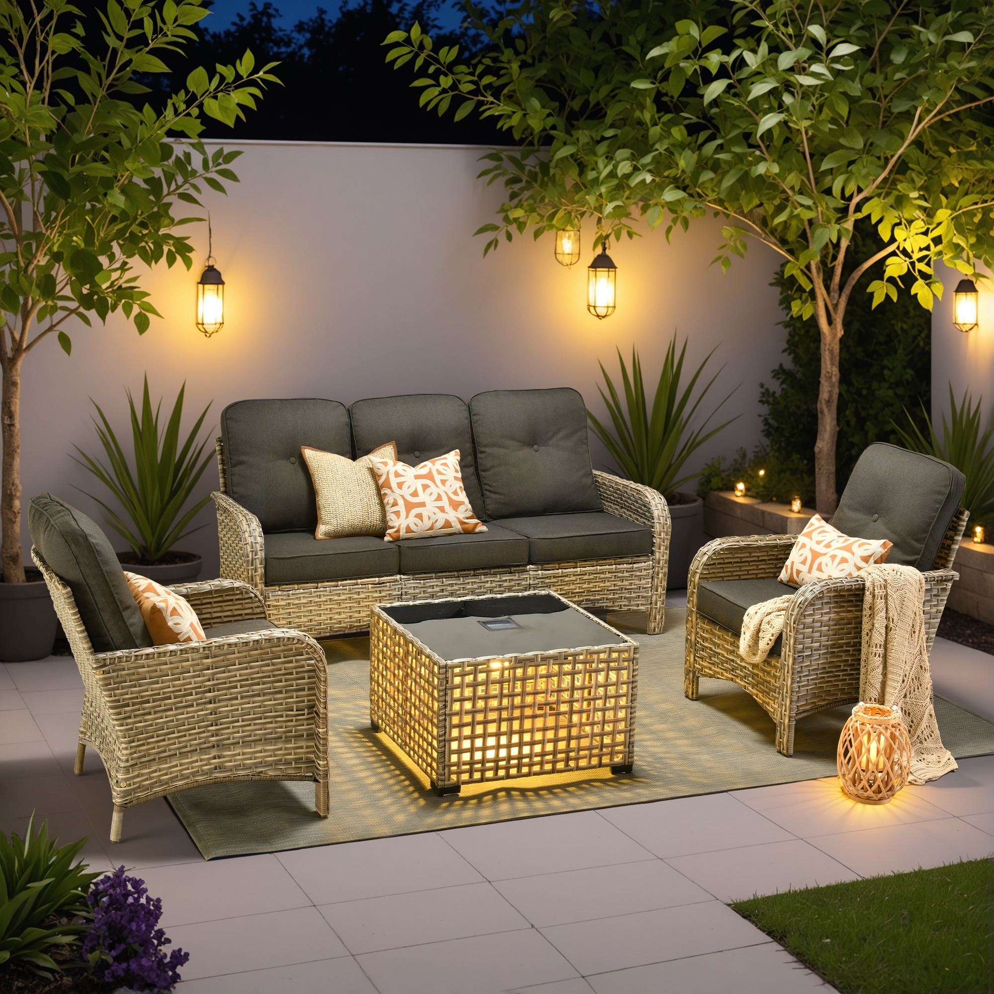 Ovios VNC104 4 -Piece Rattan Patio Sofa Conversation Set with Black Cushions