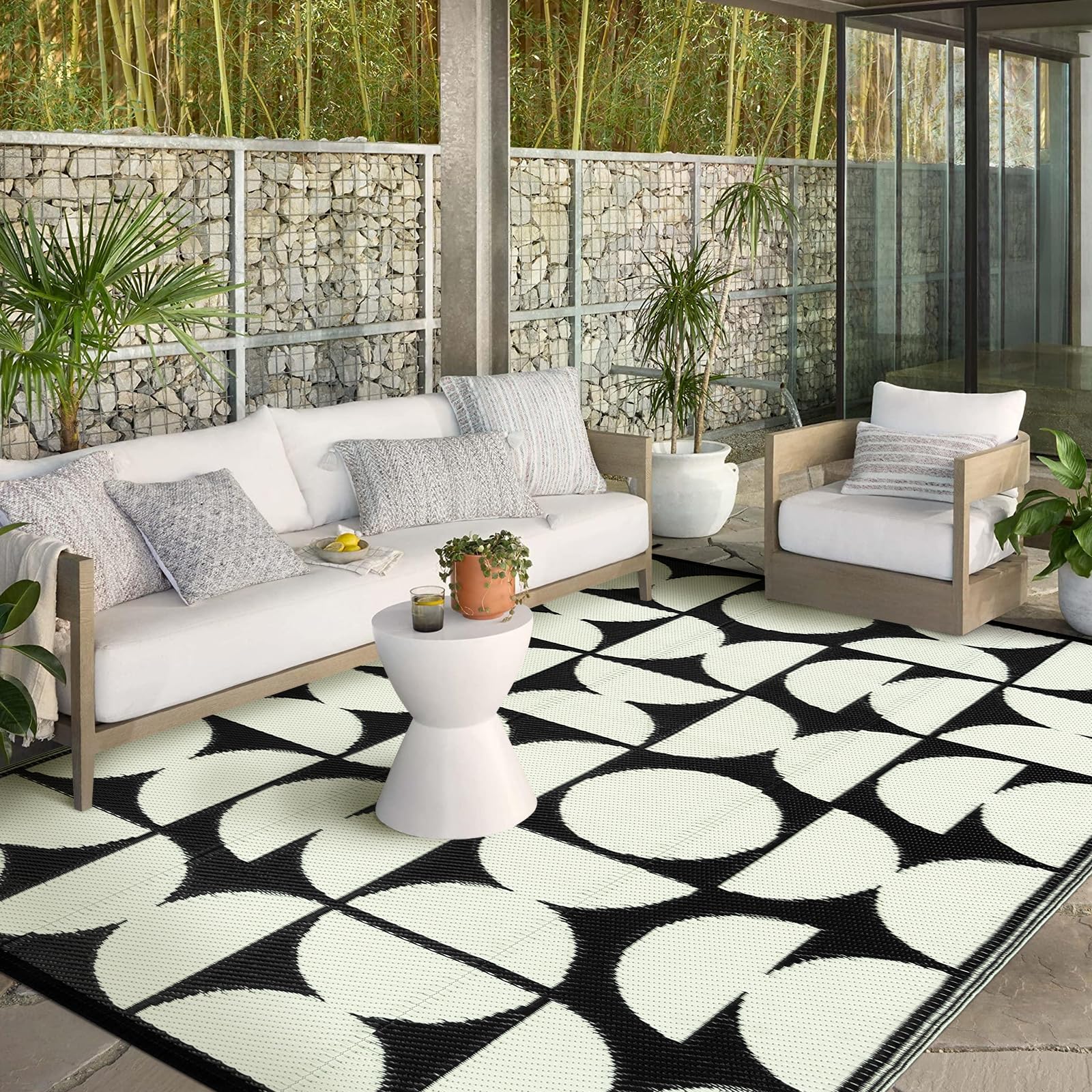 Lahome H259-733SBYHB-8X10FT 8 x 10 (ft) Black-White New Style Series Double Semicircle Woven Polypropylene Rectangular Indoor/Outdoor Area Rug