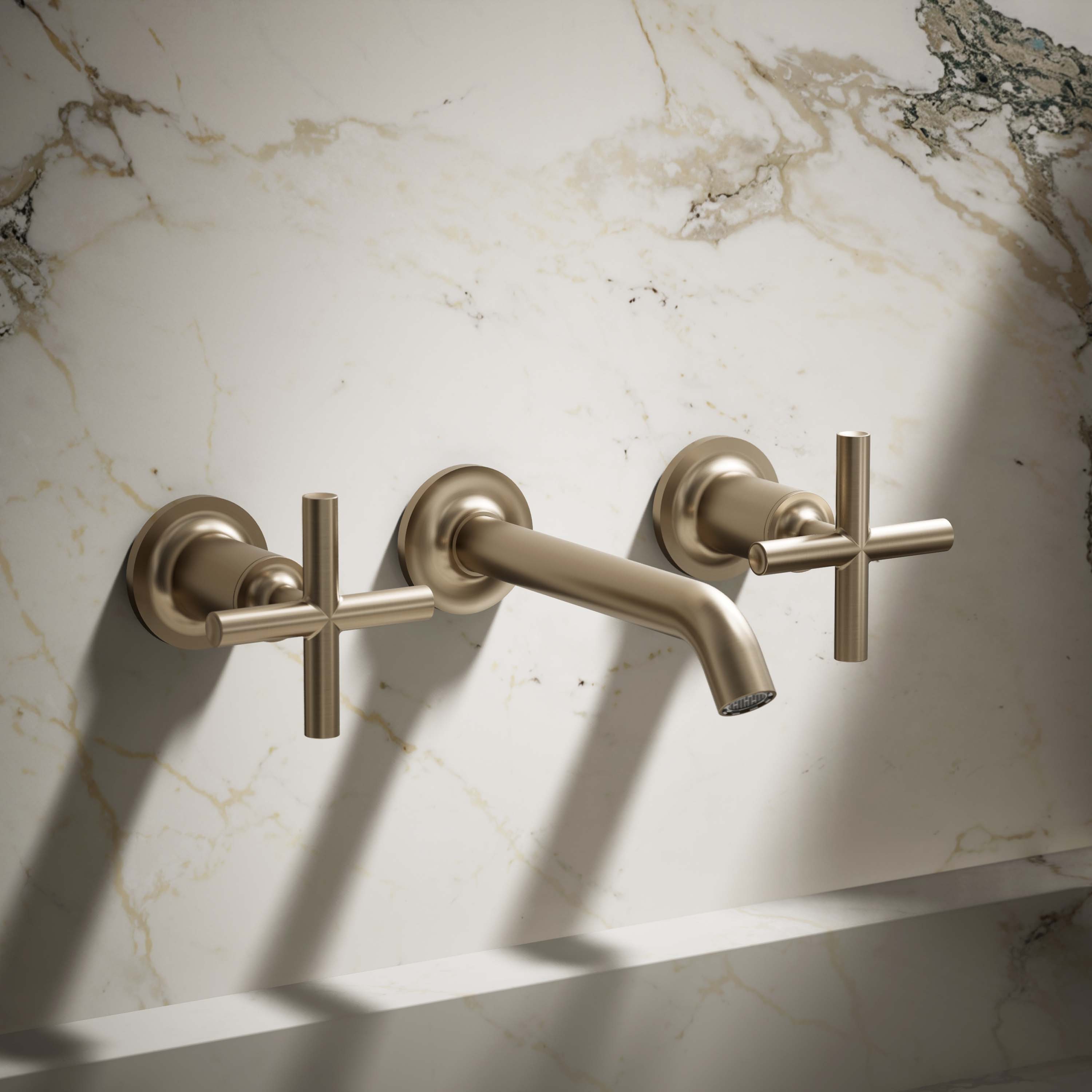 KOHLER T14413-3-BV Purist Vibrant Brushed Bronze Wall-mount 2-handle Low-arc Commercial/Residential Handle Bathroom Sink Faucet
