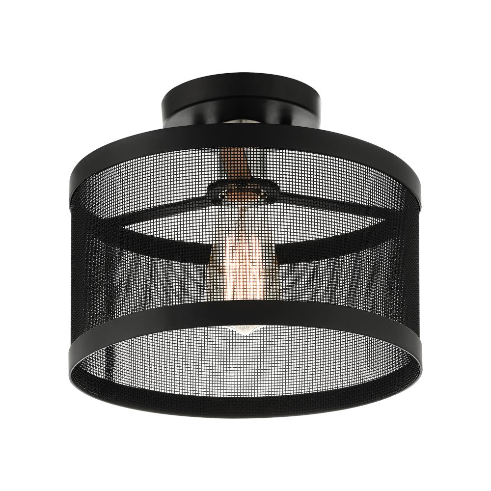 Modern Indoor/Outdoor LED Drum Semi-Flush Mount in Black & Brushed Nickel