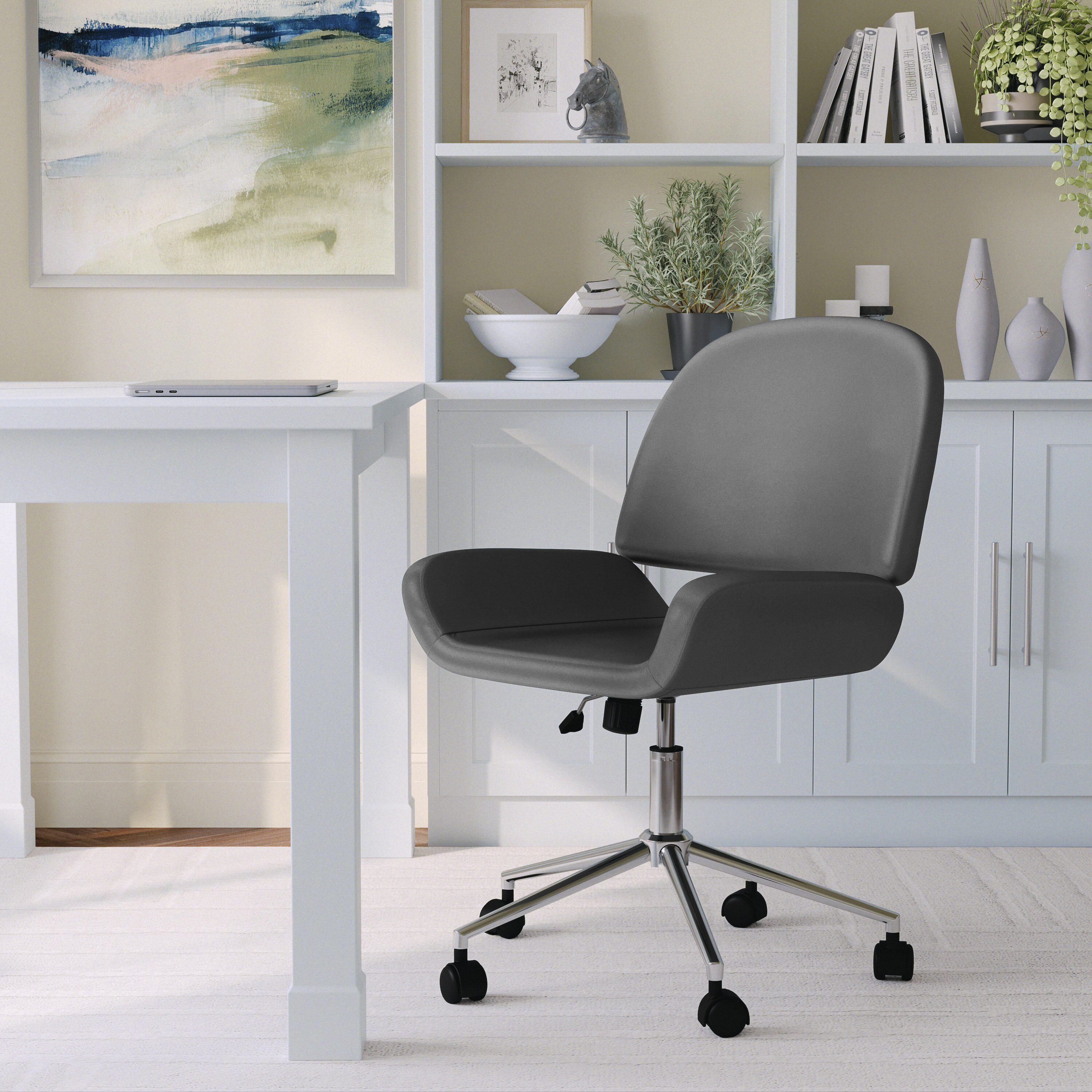 Gray Faux Leather Armless Swivel Office Chair with Polished Nickel Frame
