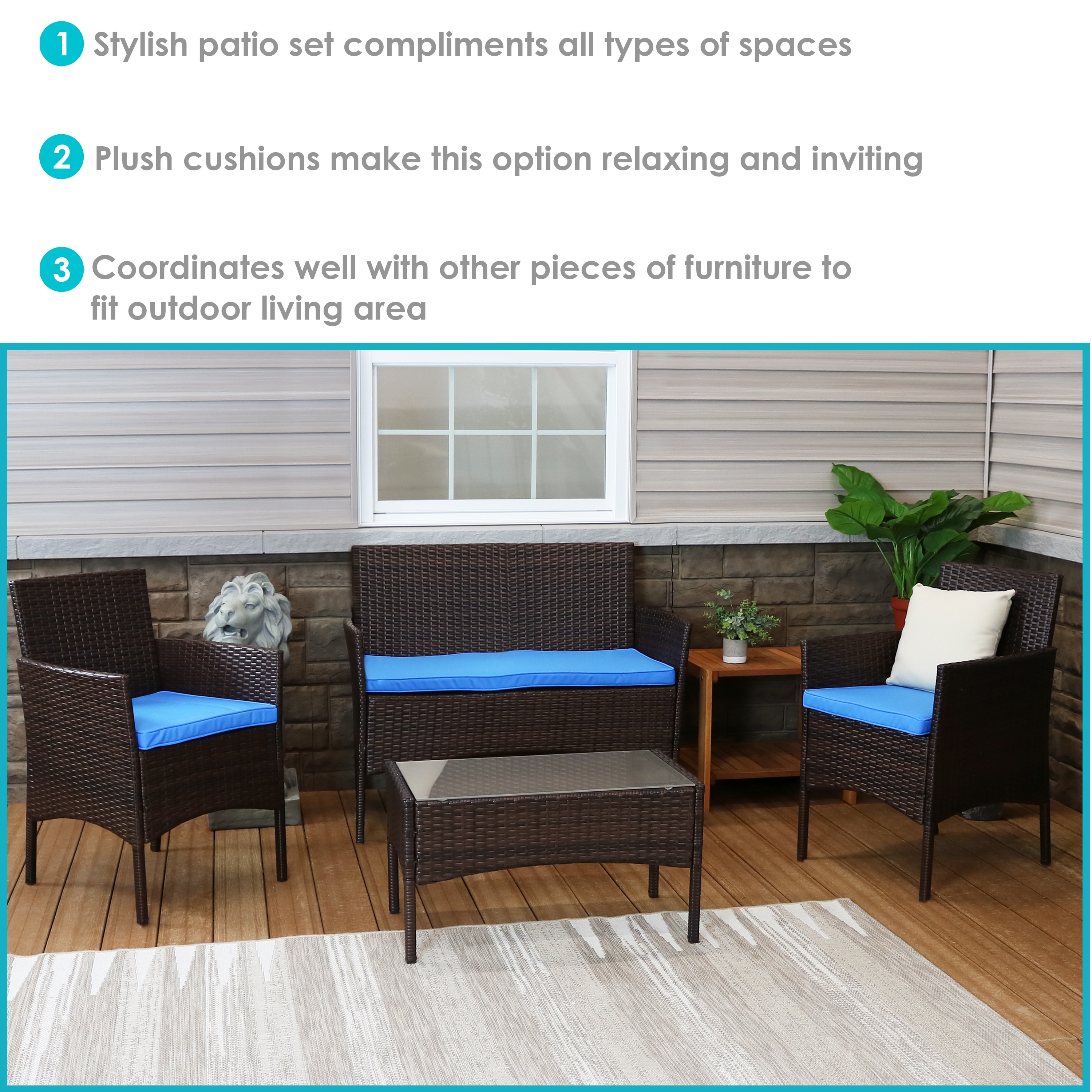 Sunnydaze Decor 4-piece Rattan Patio Conversation Set With Blue 