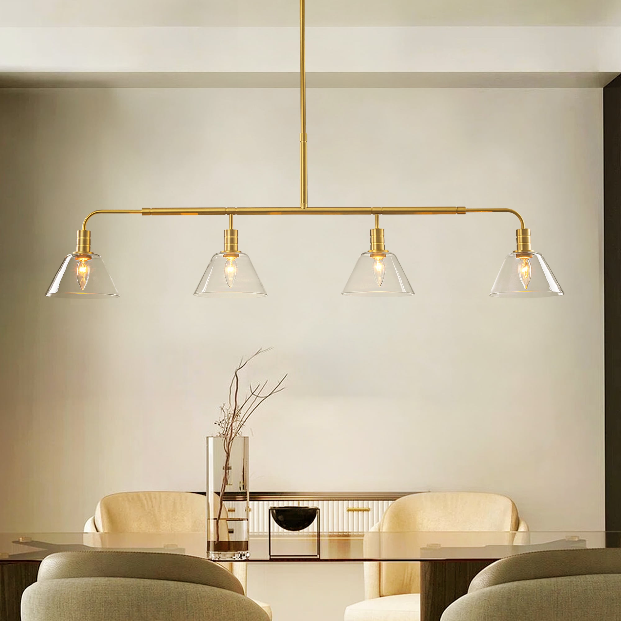 Rennnsan Soren 4-Light Modern Brushed Gold Linear Pendant Light with Cone Clear Glass Shades