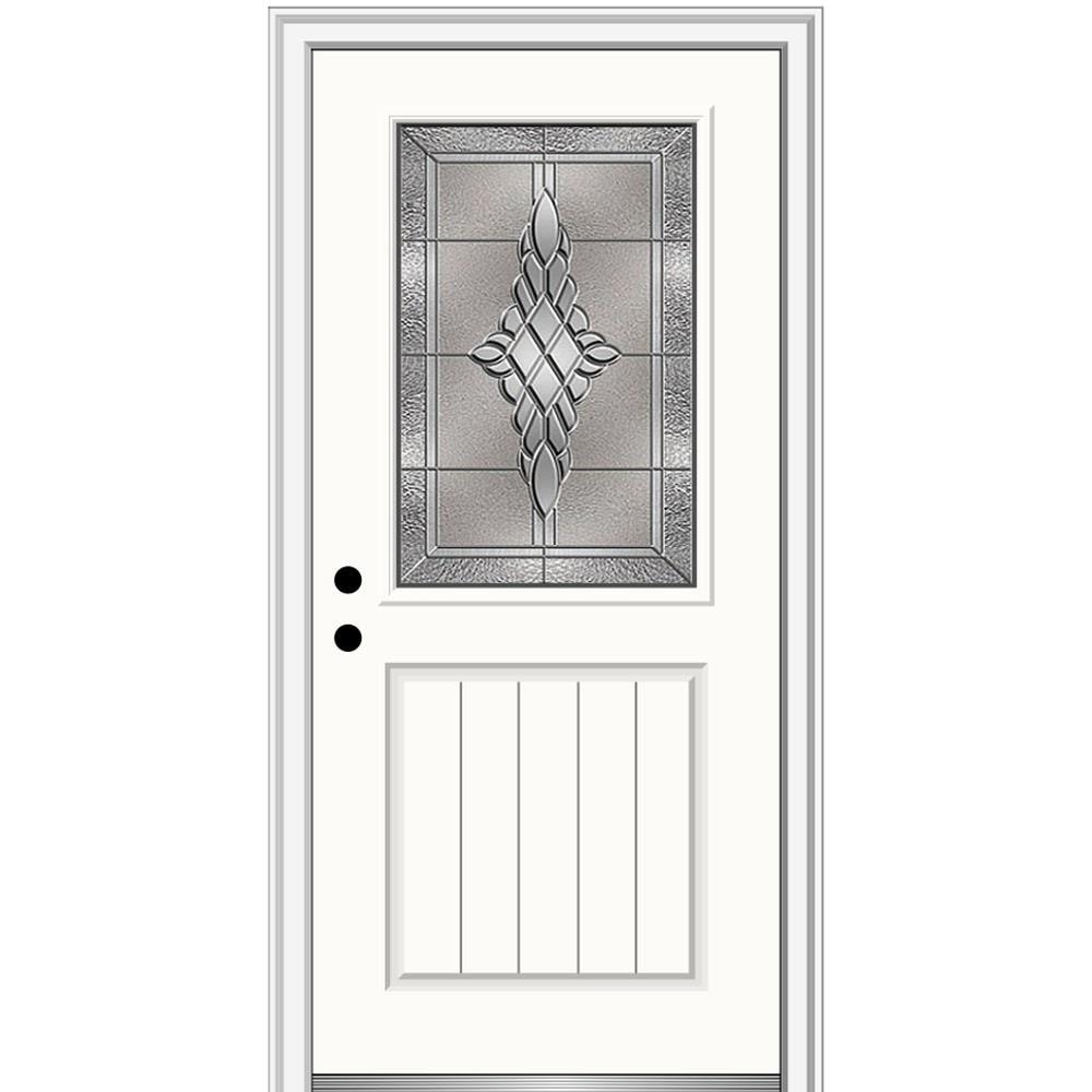 MMI DOOR ZZ3667513R 36-in x 80-in x 6-9/16-in Fiberglass Half lite Right-hand inswing Alabaster Painted Prehung Front Door with Brickmould Insulating core