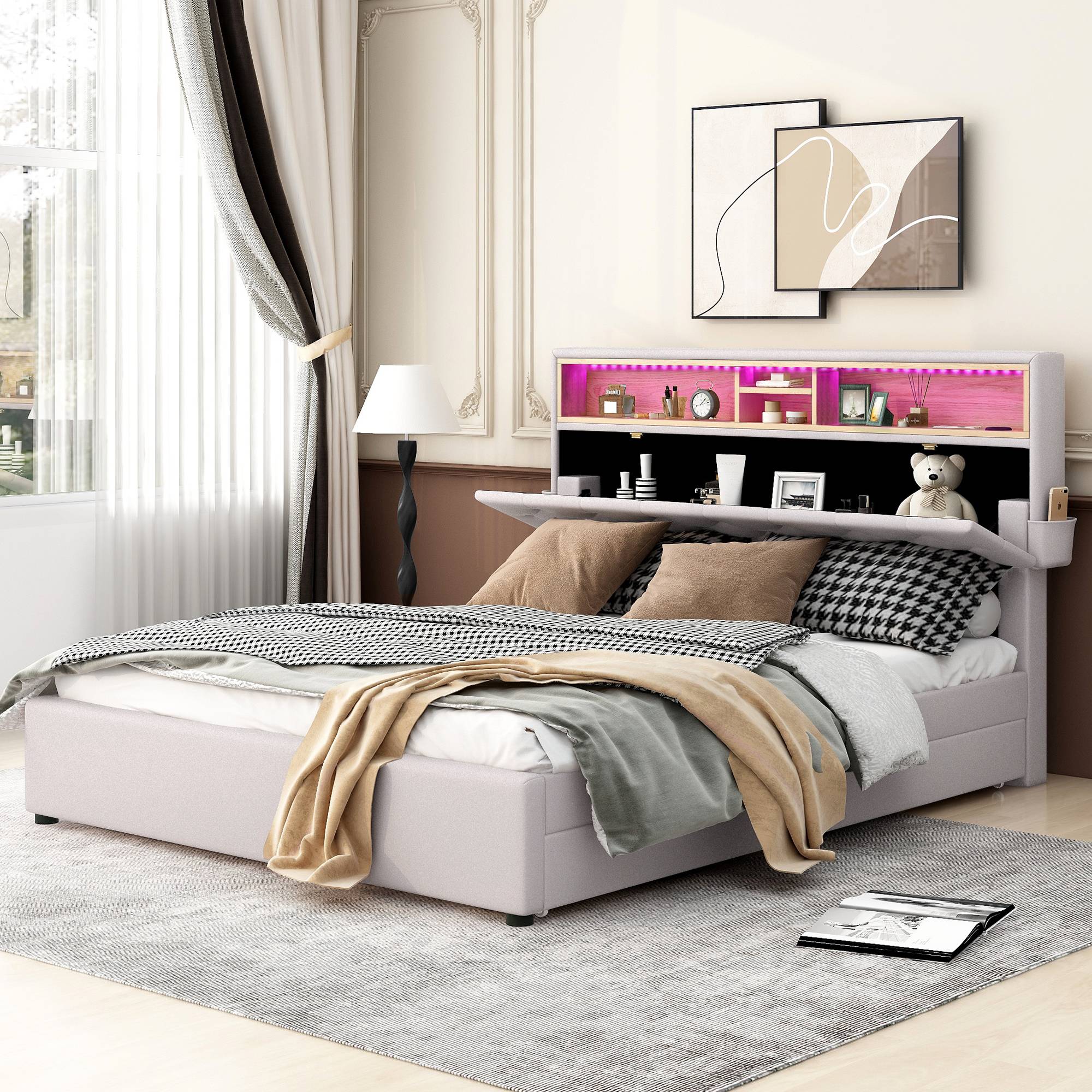 Yiekholo Beige Queen Upholstered Bed with Storage | LL-1020AAA