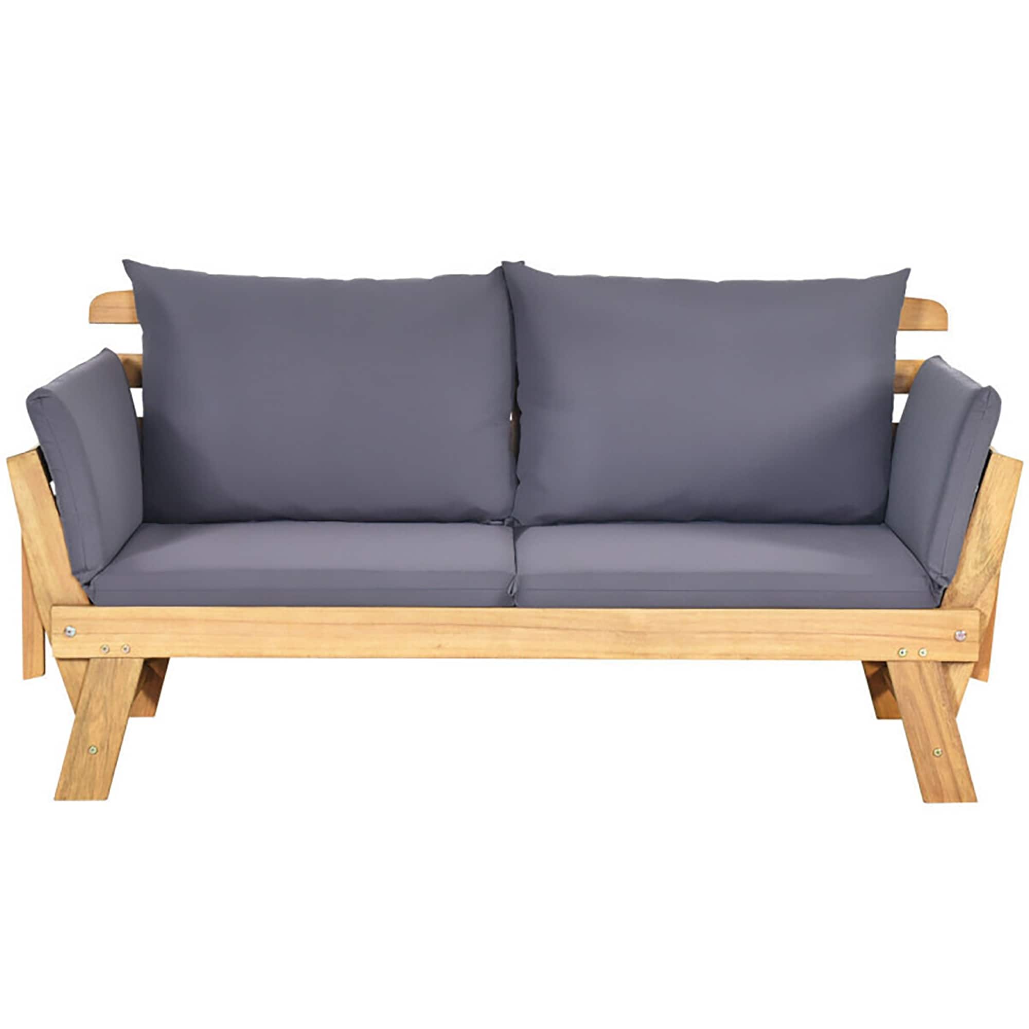 Forclover HYFL-07BGR Adjustable Patio Convertible Sofa with Thick Cushion Outdoor Loveseat with Gray Cushions and Wood Frame