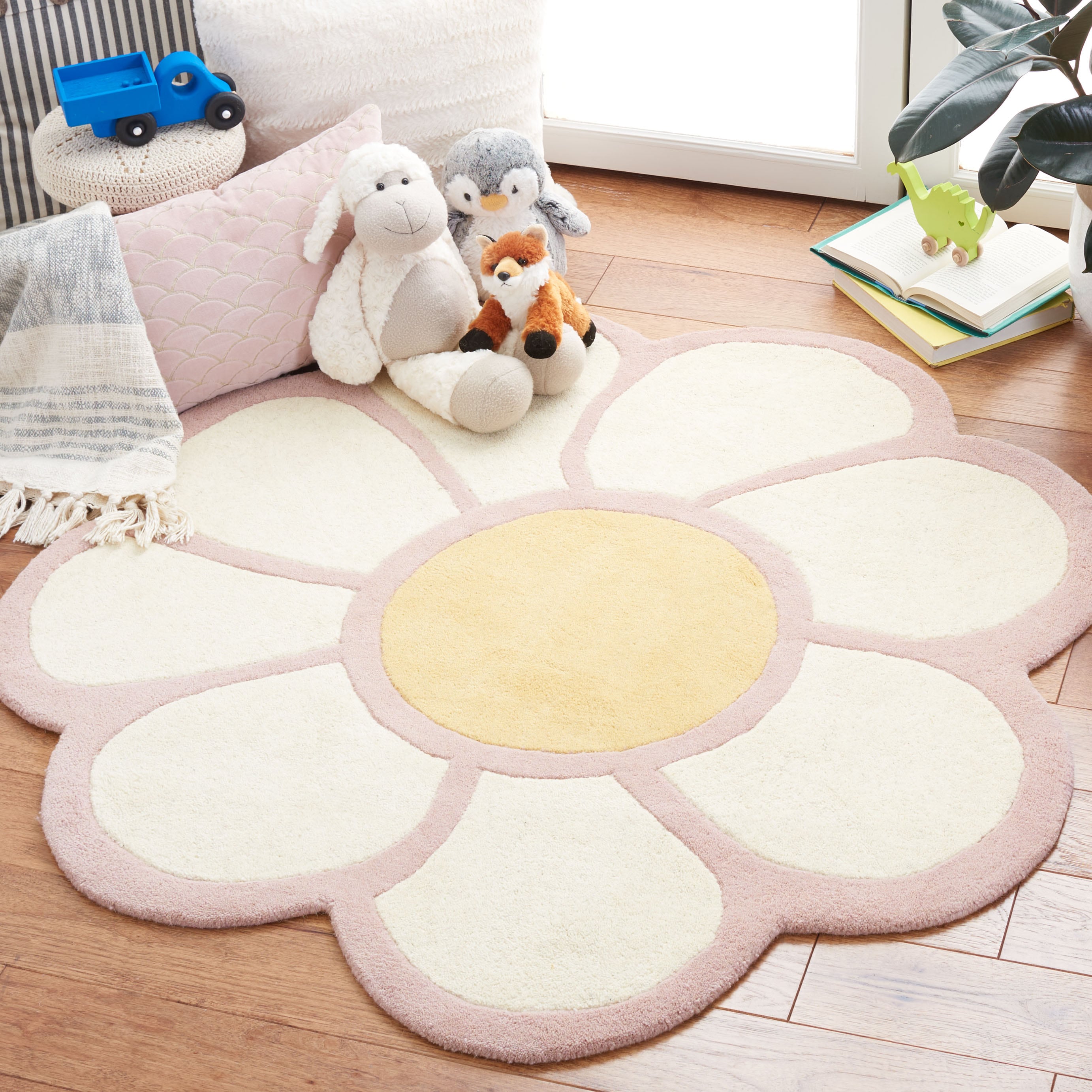 Novelty X Rugs Safavieh Floral/Botanical Indoor in Rug 4 Daisy 4 at Round department Ivory/Pink the Area Wool