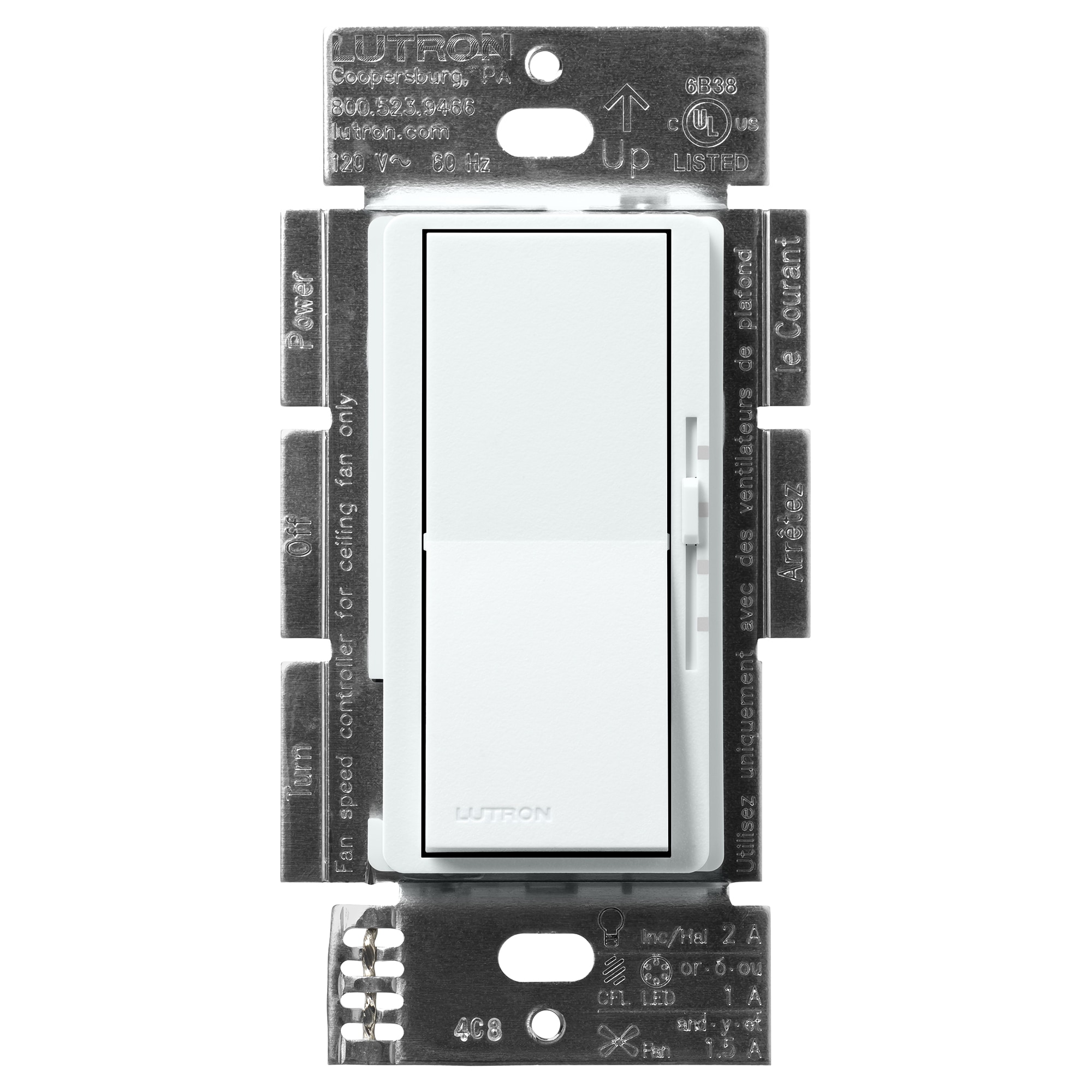 Lutron DVSCFSQ-LF-GL Diva Fan and Light Control 1.5 -Amp 3-speed Rocker Fan Control Glacier White