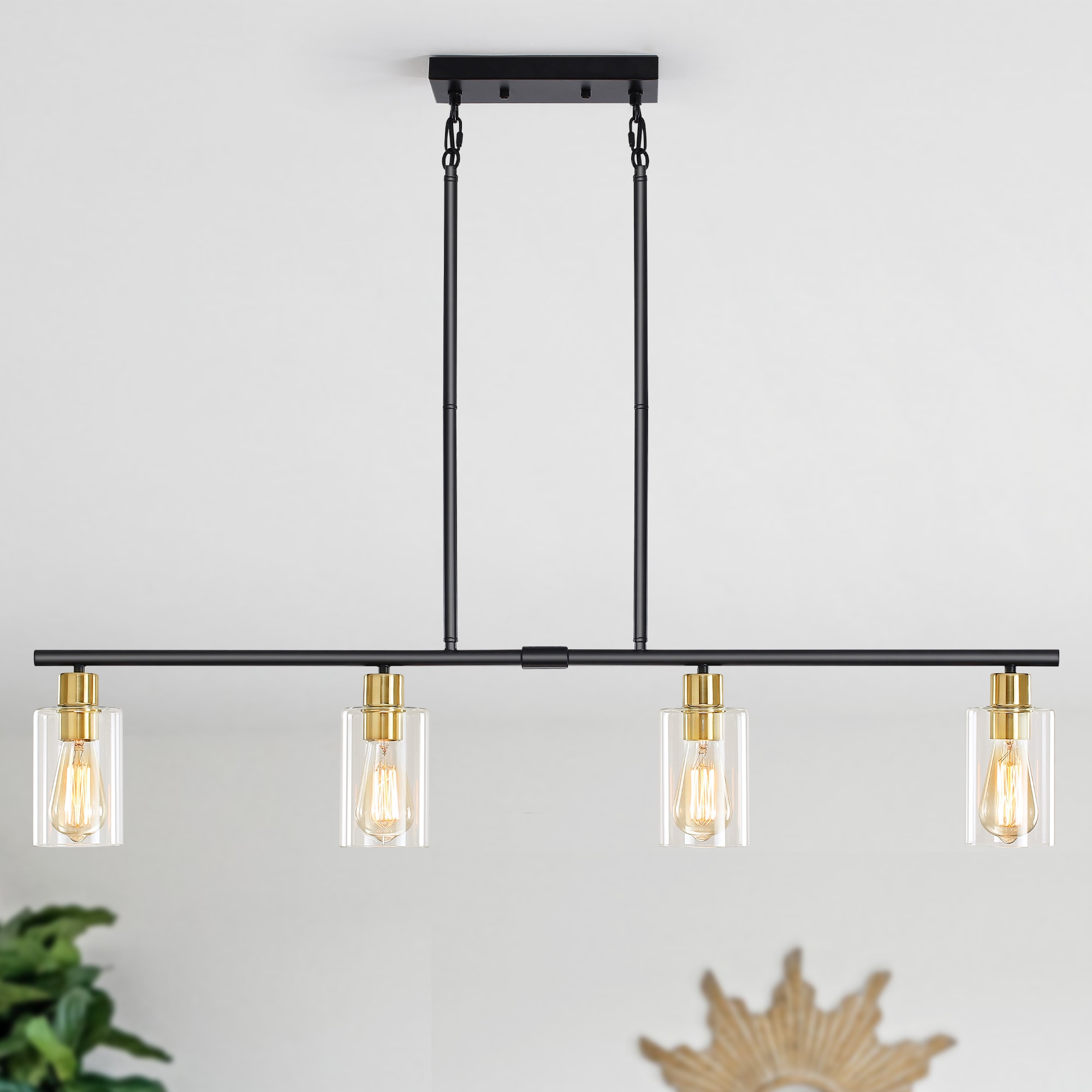 Zjvaive 4-Light 47.3-inch Contemporary Gold and Black Chandelier Linear Pendant Light Fixture with Clear Glass Shade for Multiple Spaces #D0068-4-B+BR-UL