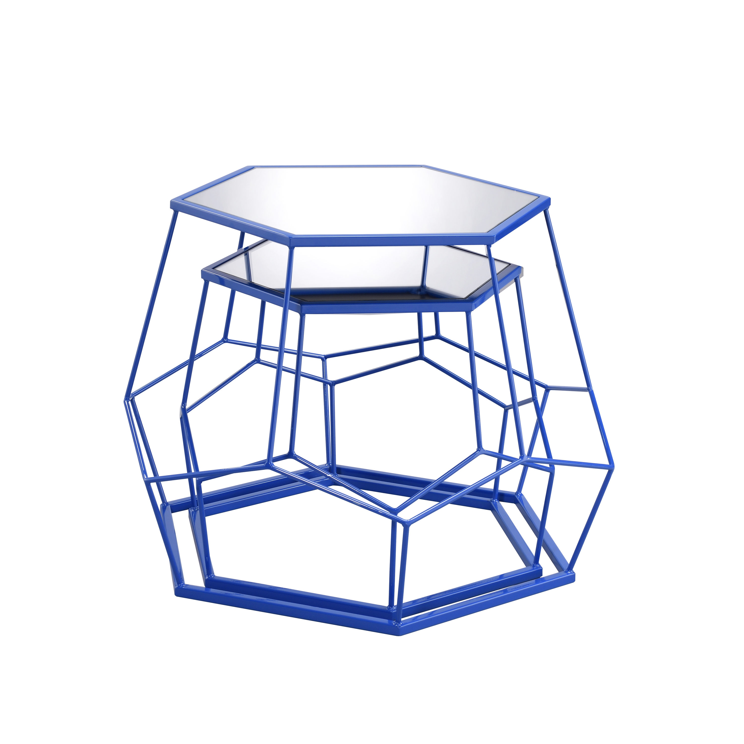 Rittan Blue Steel Hexagon Mirrored Nesting Tables Set