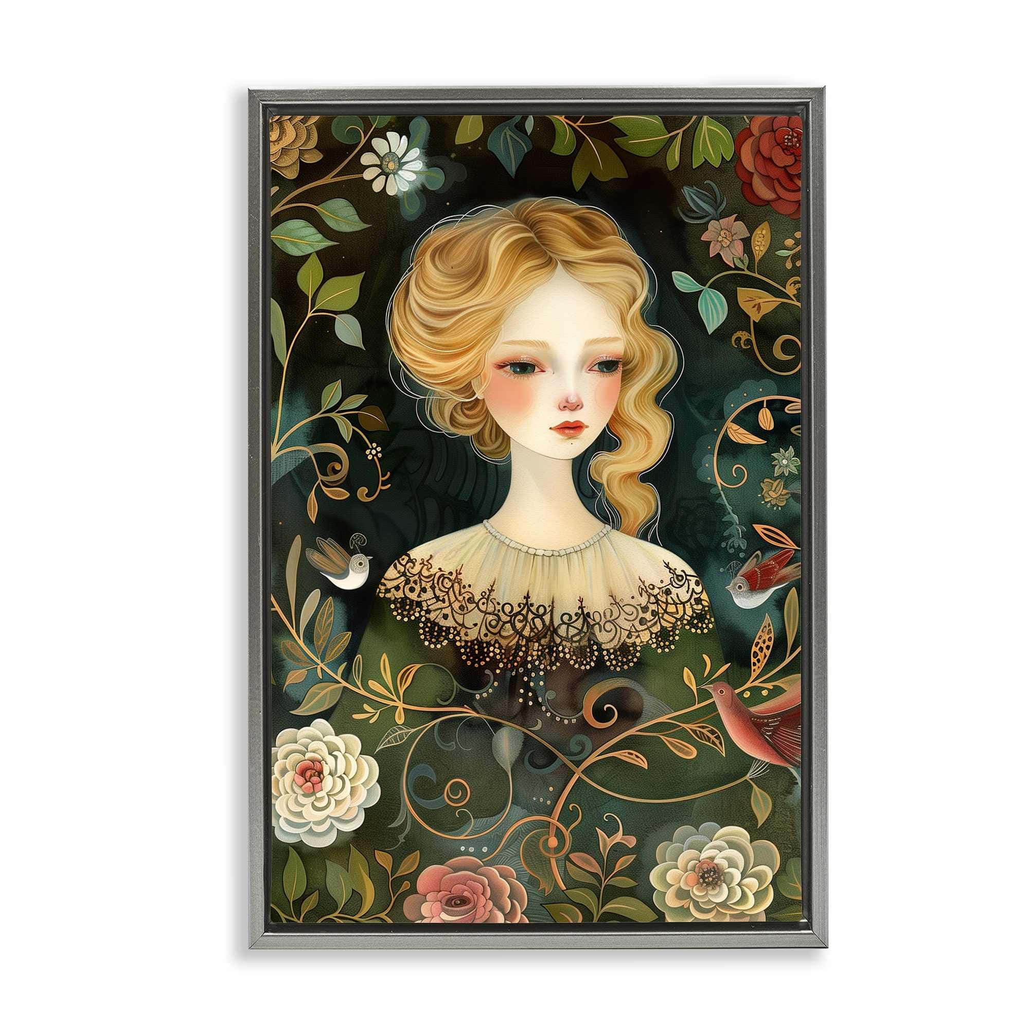 Stupell Industries BT-883-FFL-20X30 Victorina Woman with Florals Gray Framed Floater Canvas Wall Art By The Dutch Lady 21 x 31