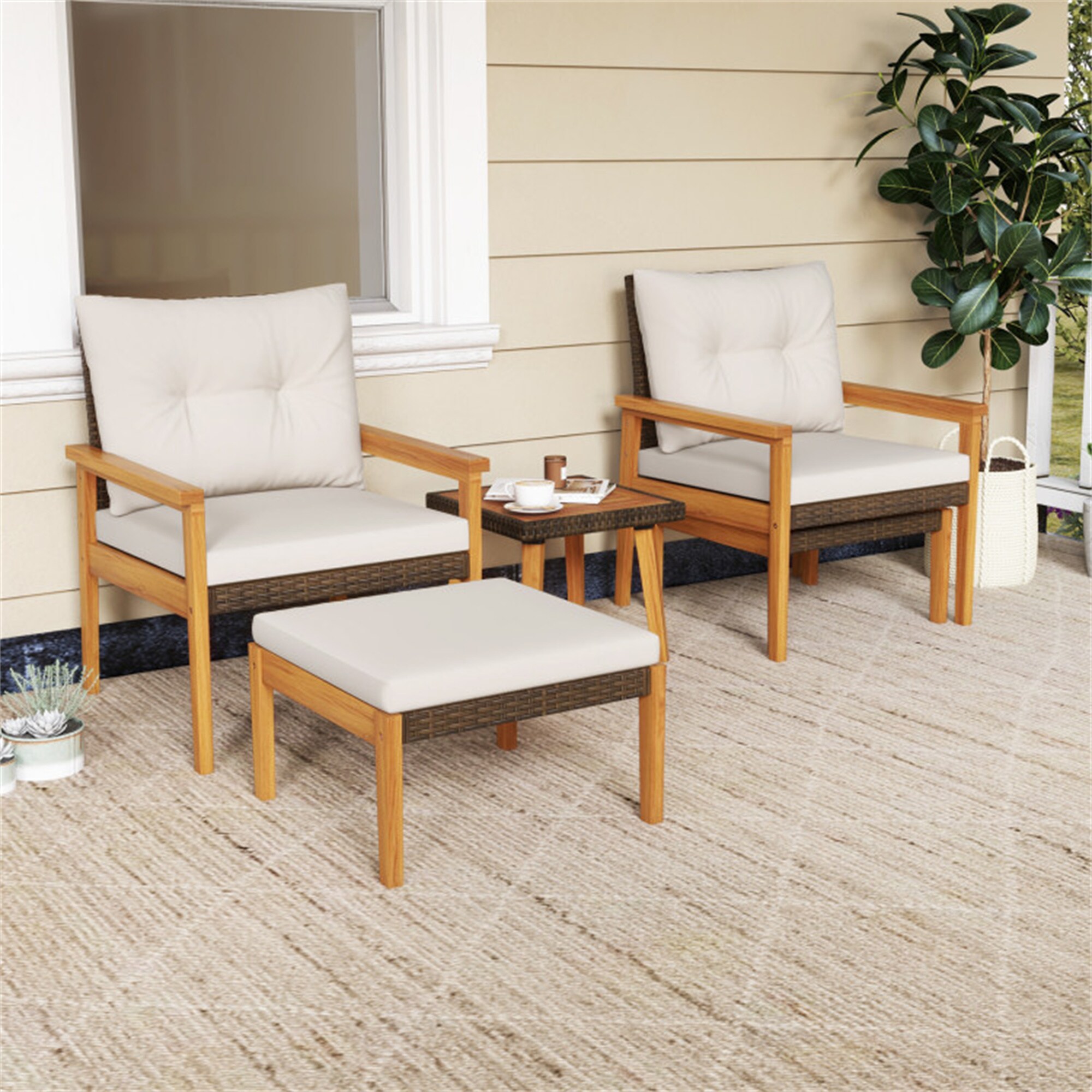 BABOOM BOM-81BN-CO Rattan Patio Conversation Sets 5 -Piece Rattan Patio Conversation Set with Off-white Cushions