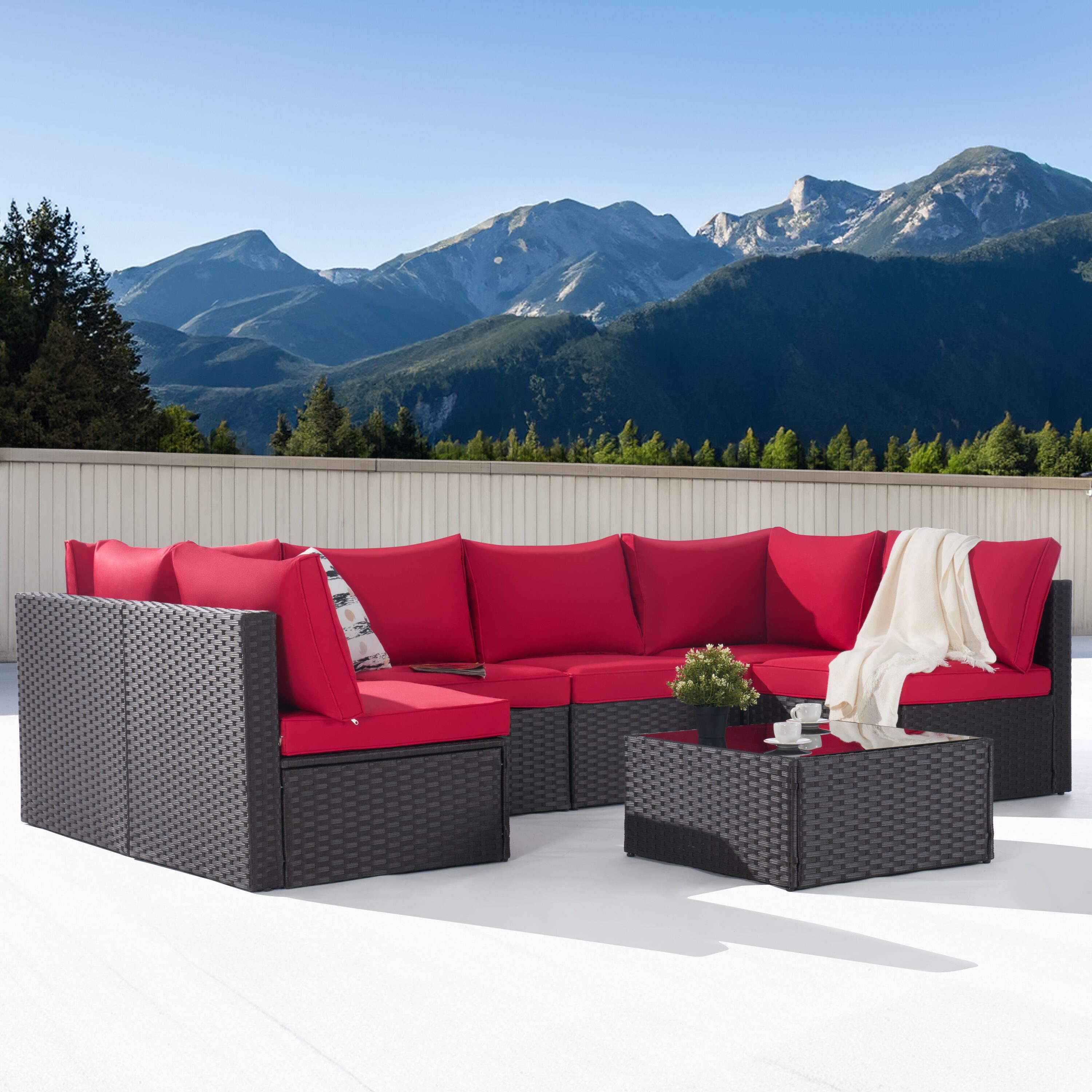 SANSTAR L-WS703-RD 7 -Piece Wicker Patio Conversation Set with Red Cushions