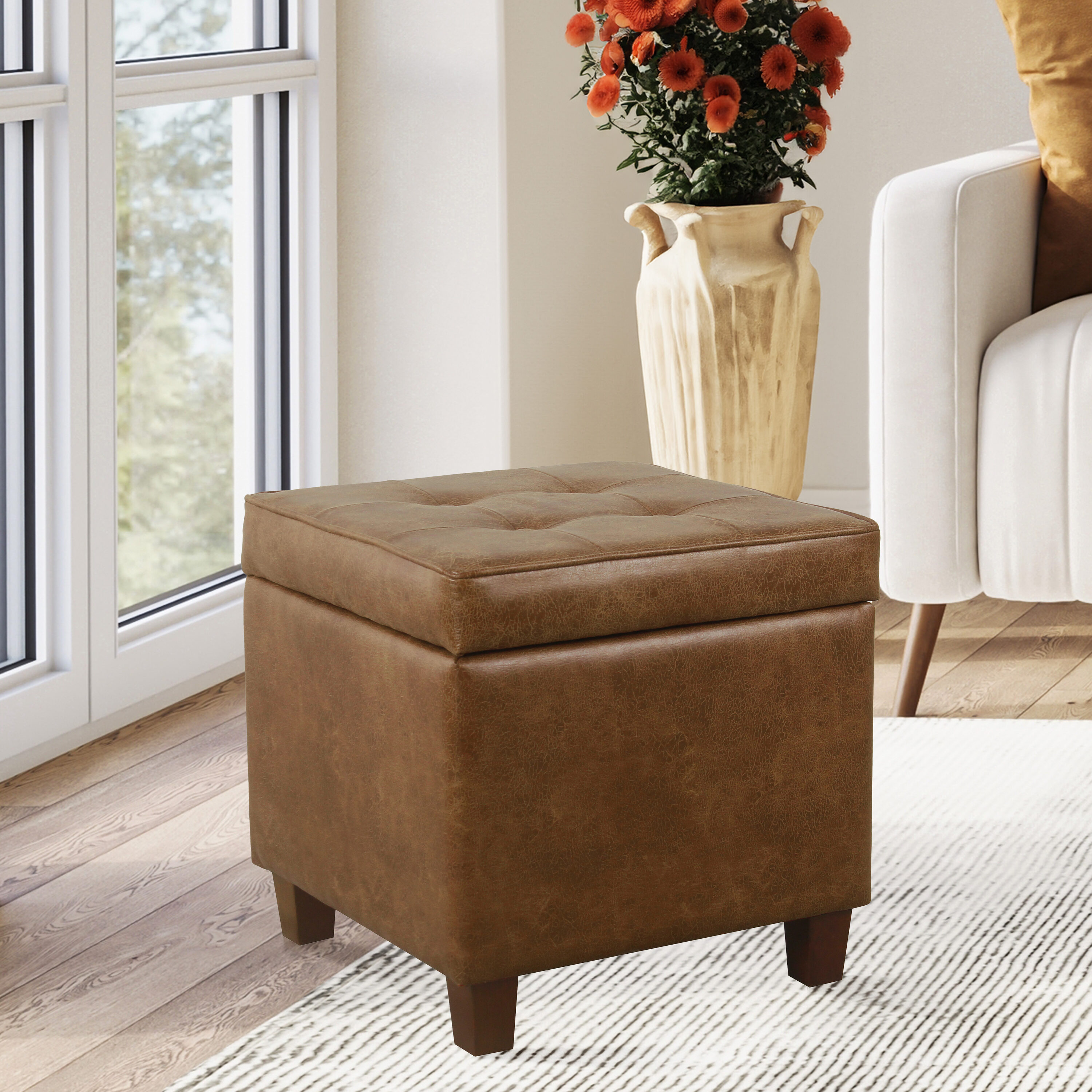 HomePop N5762-YDQY-2 Old World/Vintage Distressed Brown Faux leather Storage Ottoman