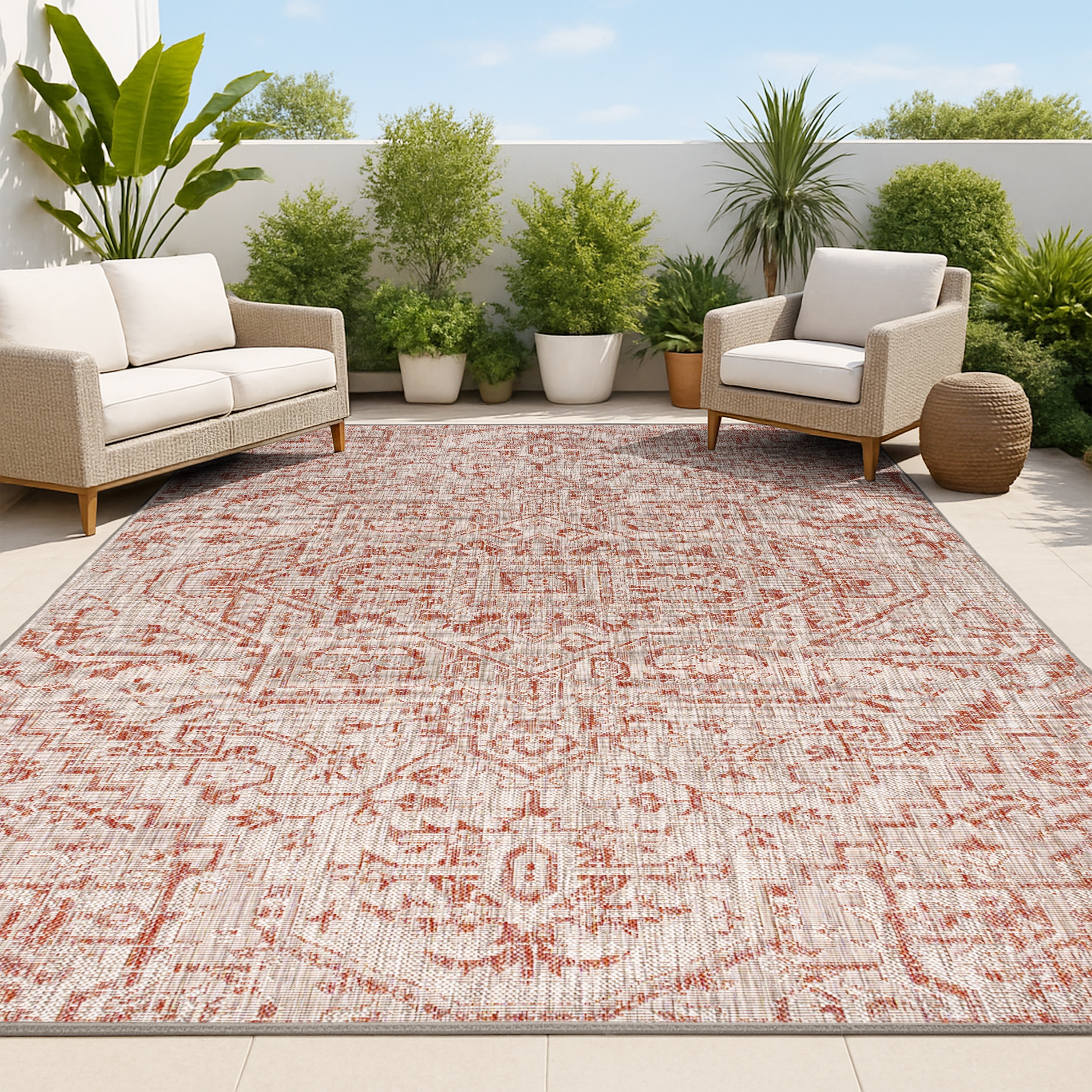 JONATHAN  Y SMB105A-8 Santa Monica Estrella Textured Weave 8 x 10 (ft) Loomed Polypropylene Red/Taupe Rectangular Indoor/Outdoor Border Coastal Area rug