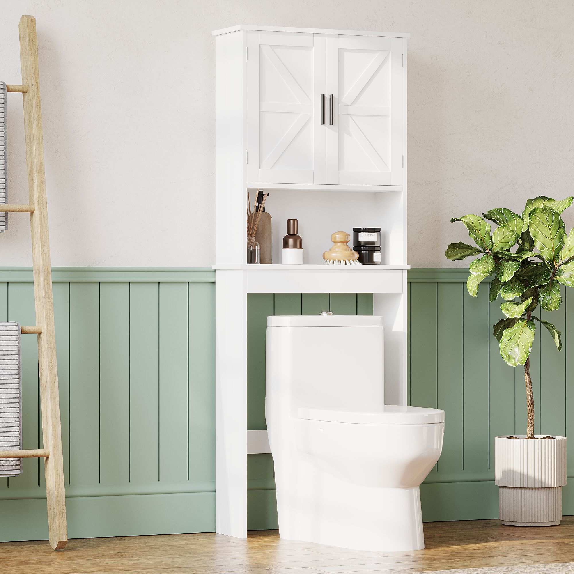 Dimakai White Over The Toilet Storage Cabinet Adjustable Shelf Double Doors Freestanding Bathroom Organizer