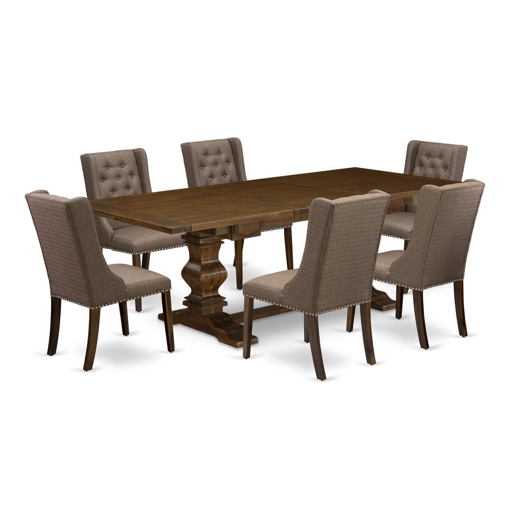 East West Furniture LAFO7-88-18 7 Pc Kitchen Table Set Includes 1 Butterfly Leaf Double Pedestal Table and 6 Brown Linen Fabric Kitchen Chairs with Button Tufted Back Antique Walnut Finish