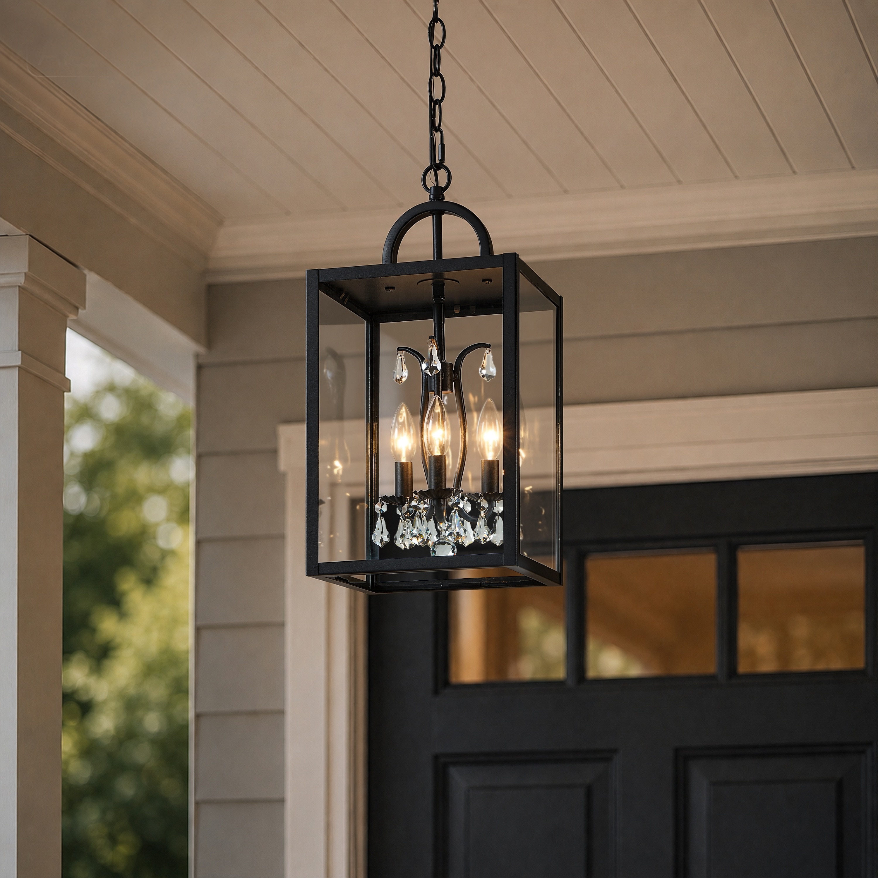 KAWOTI Luma 3 -Light Black Transitional Clear glass Crystal Rectangle Large Outdoor Hanging Pendant Light