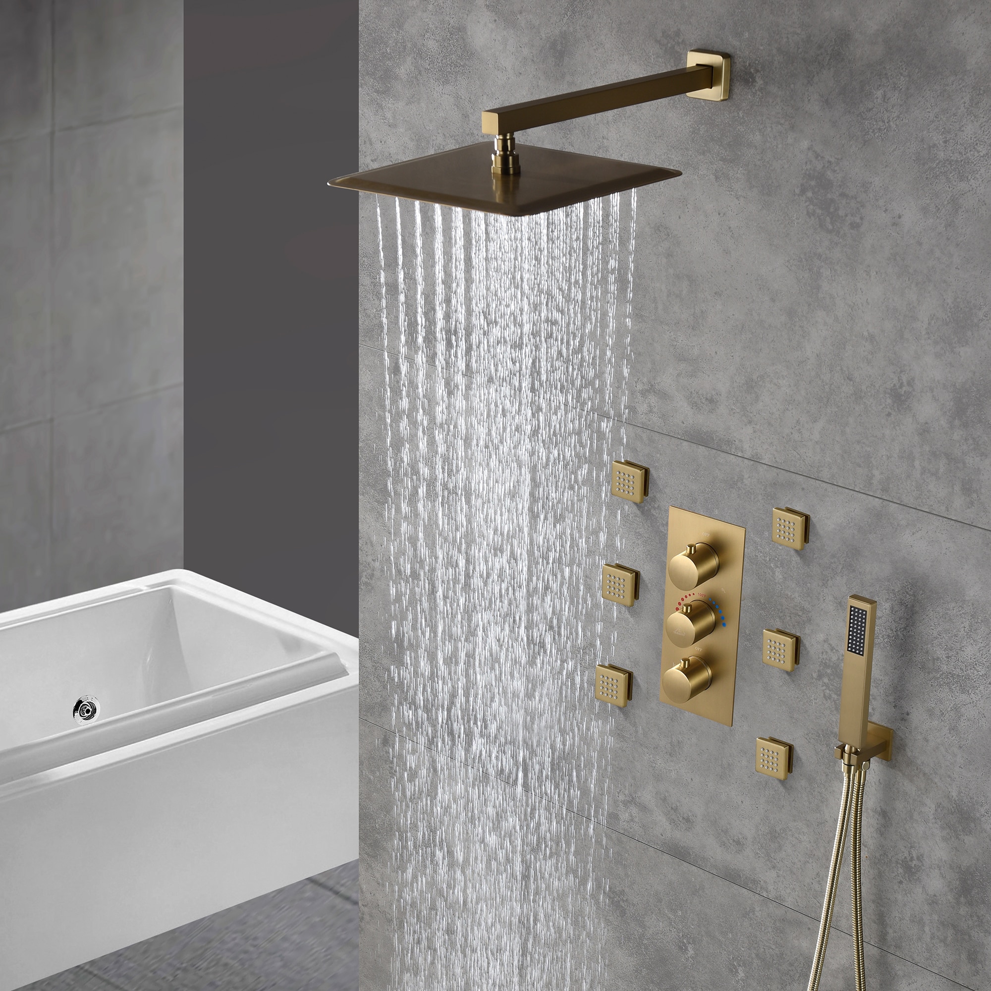 CASAINC Brush Gold 10-in Waterfall Dual Head Built-In Shower Faucet ...