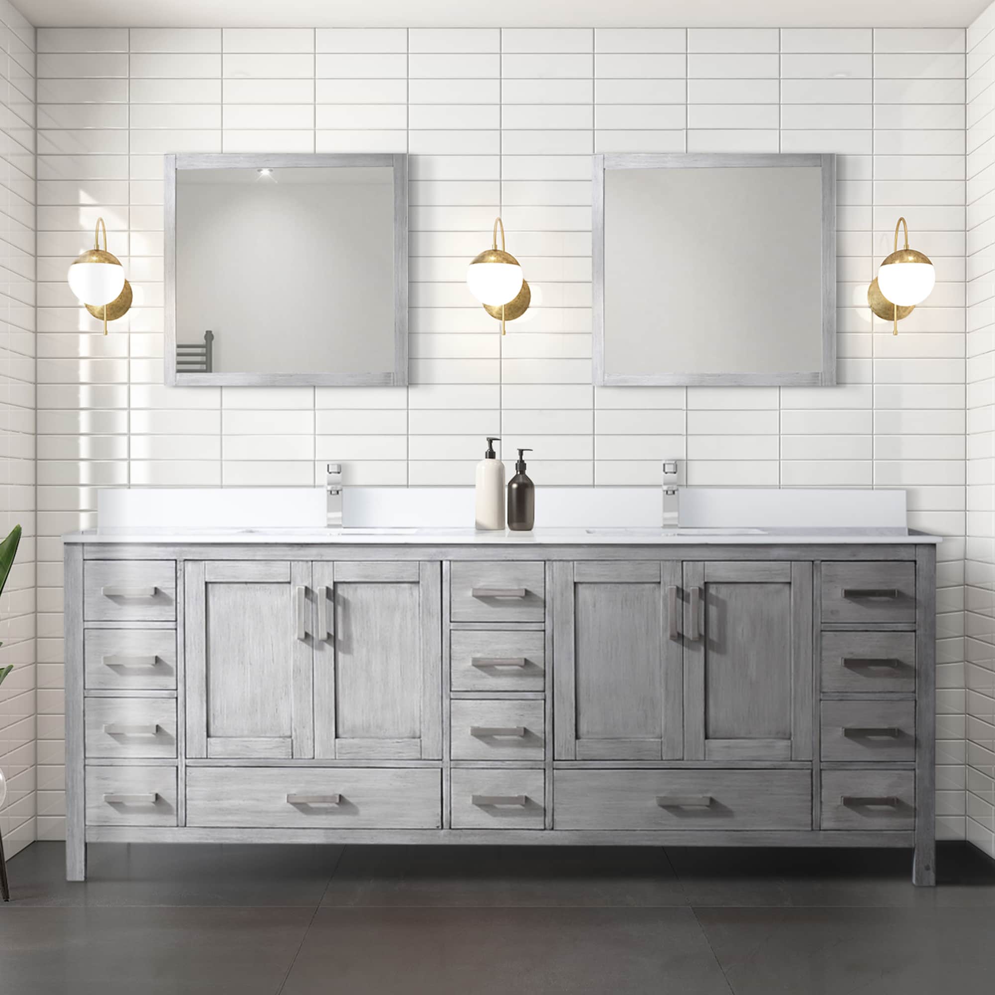 Lexora LVJ84DD311 Jacques 84-in Distressed Grey Undermount Double Sink Bathroom Vanity with White Cultured Marble Top (Mirror and Faucet Included)