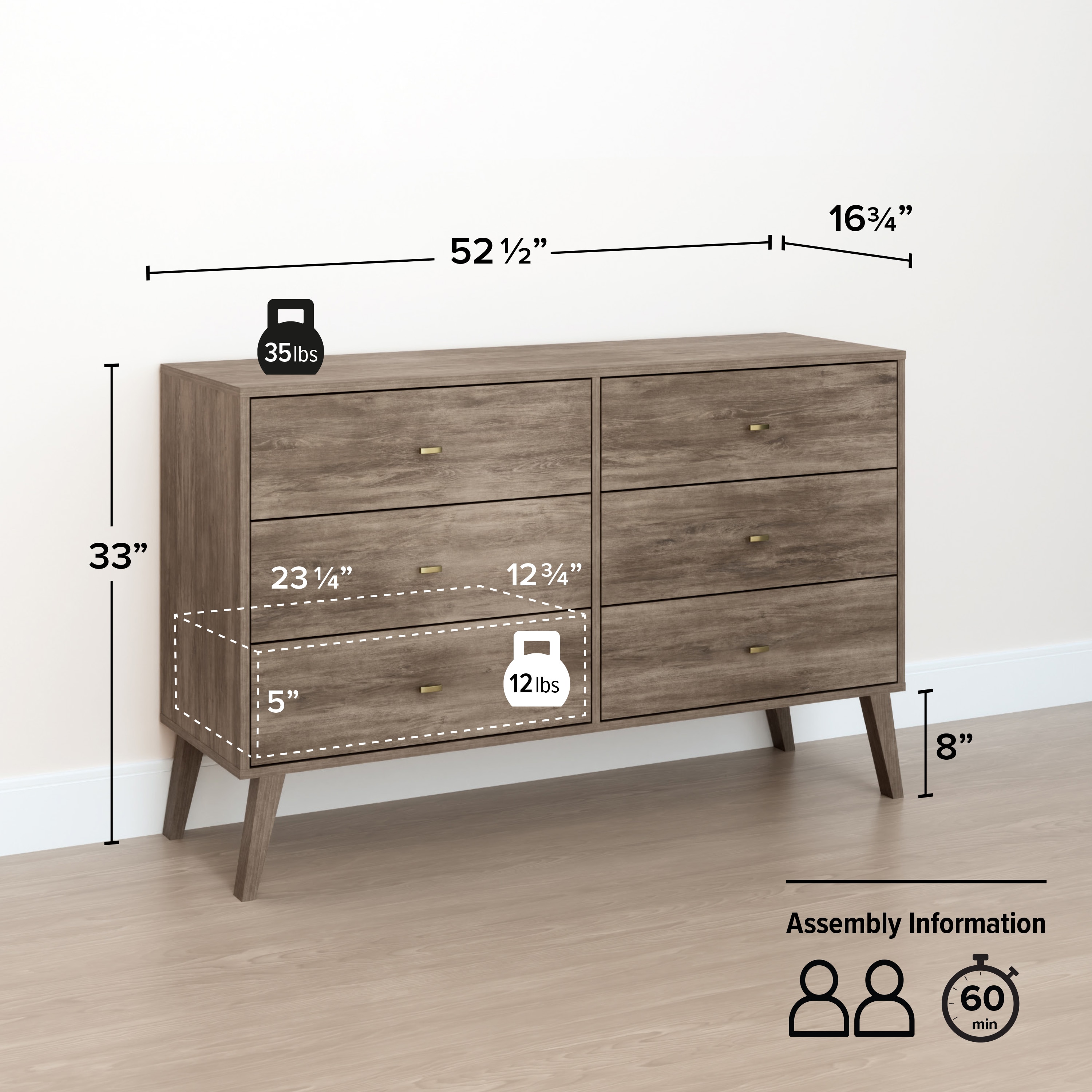 Mid-Century Modern Double Dresser in Drifted Gray with Extra Deep Drawers