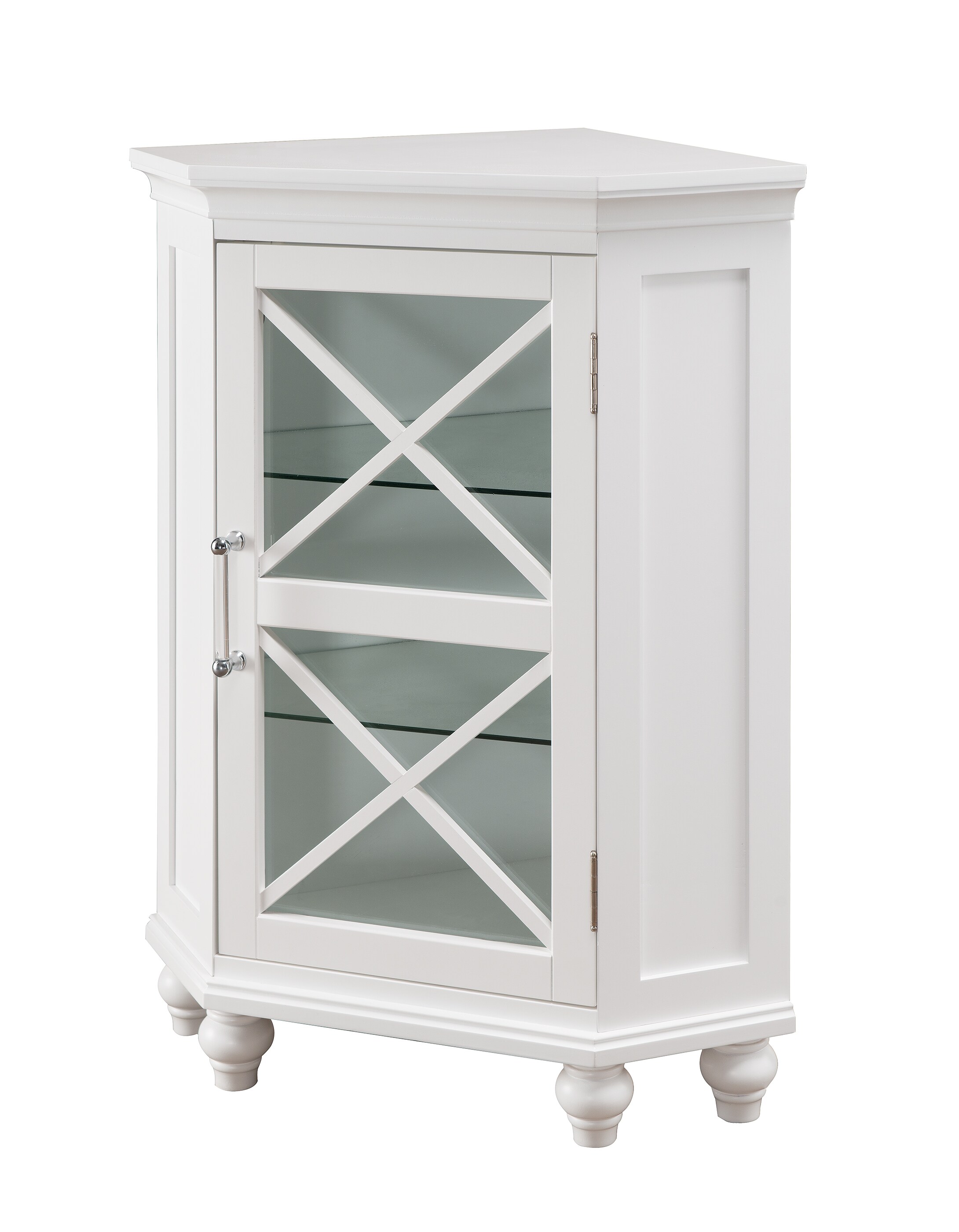 Classic White Corner Cabinet with Blue Accents and Adjustable Shelves