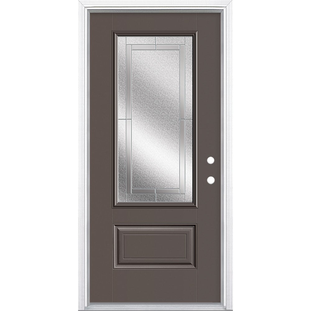 Masonite 3419901 Focus 36-in x 80-in x 4-9/16-in Fiberglass 3/4 lite Left-hand inswing Timber Gray Painted Prehung Front Door with Brickmould Insulating core