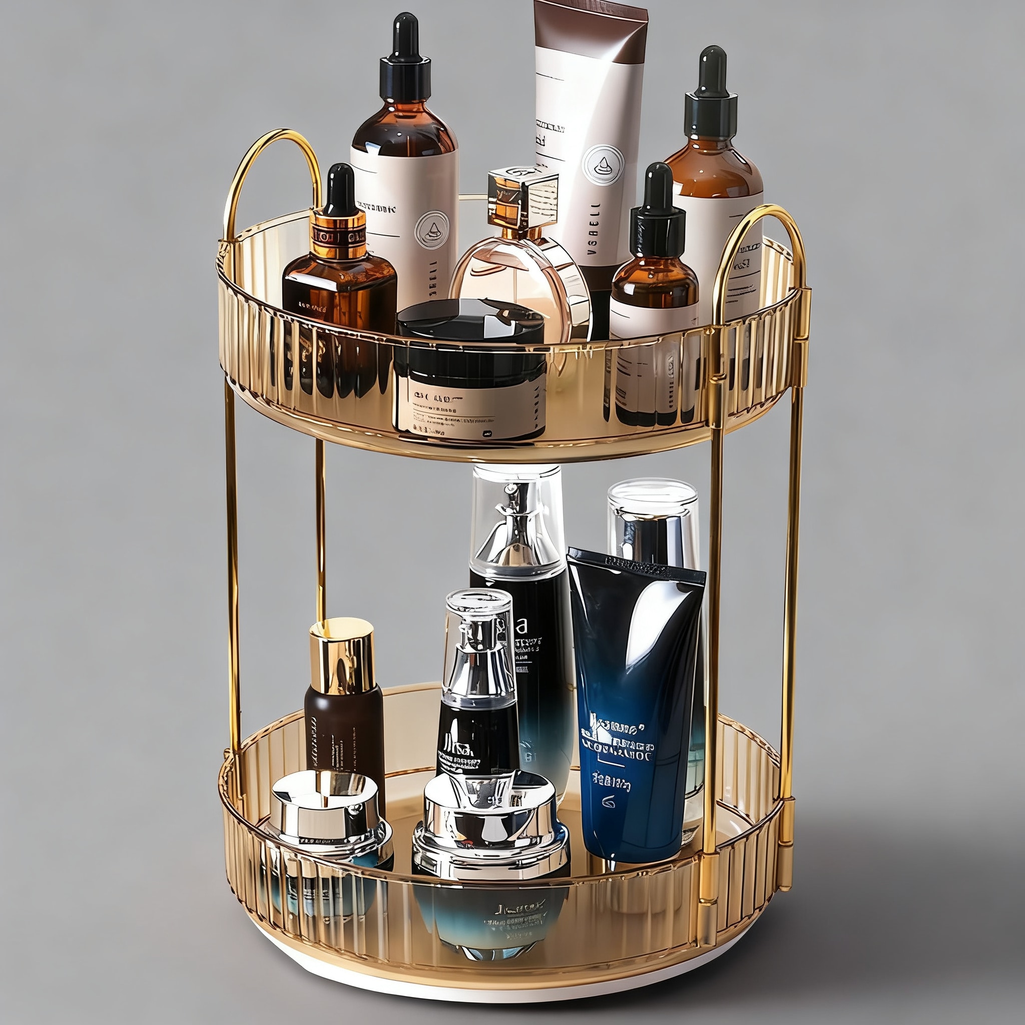 Lovav Gold Rotating Makeup Organizer 2 Tier Large Capacity Skincare Perfume Bathroom Storage Countertop