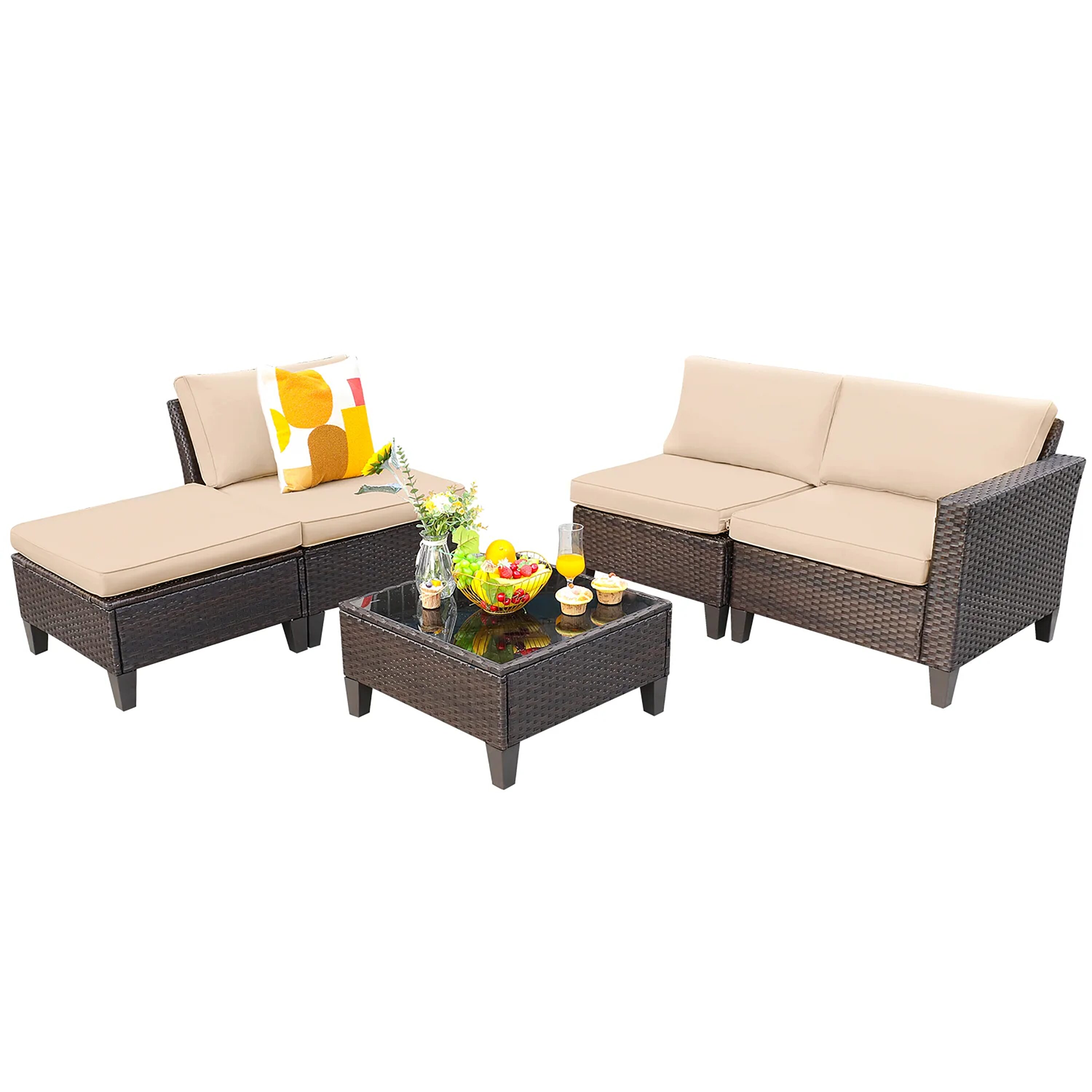 Vineego LS-52CC0PTT0PBG 5-Piece Wicker Patio Conversation Set with Off-white Cushions
