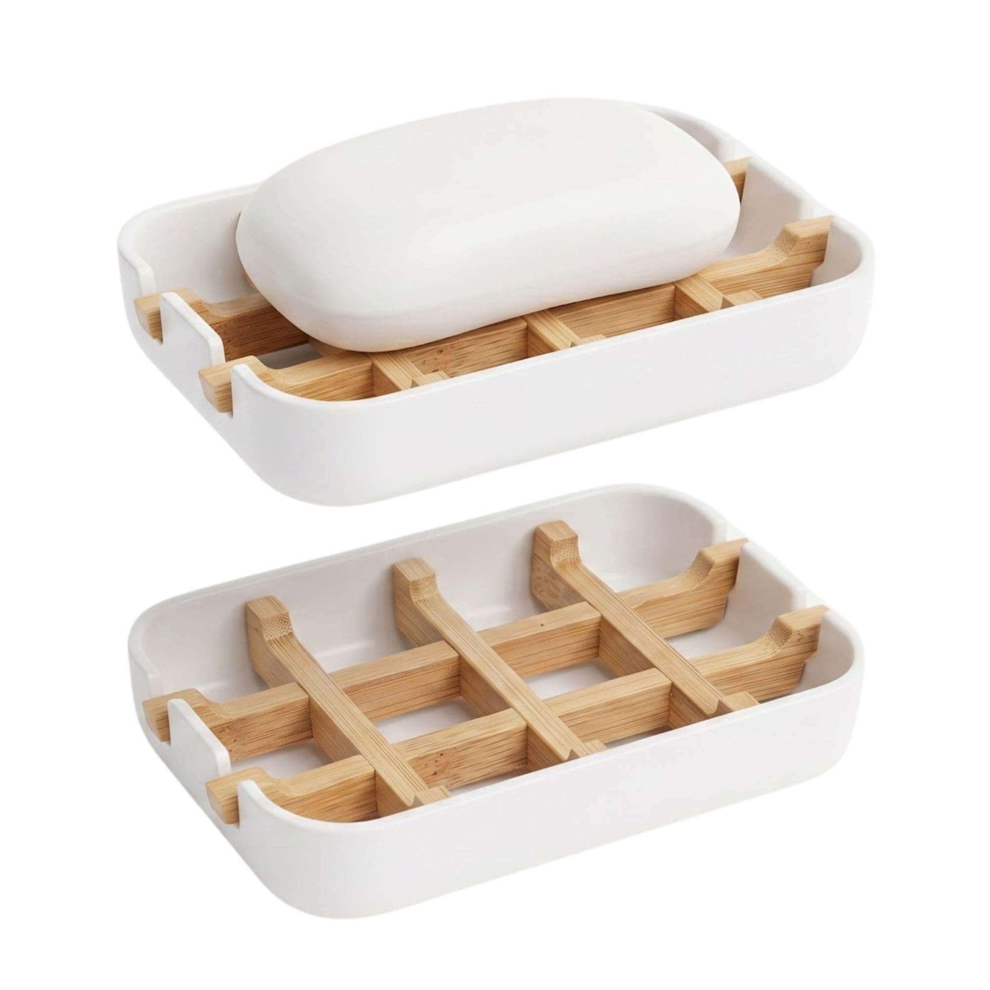 Ahfiwaso  Bamboo Fiber Soap Holder and Soap Dish Combination with Removable Drainage Rack for Bathroom Sink Deck Bathtub Shower and Kitchen White