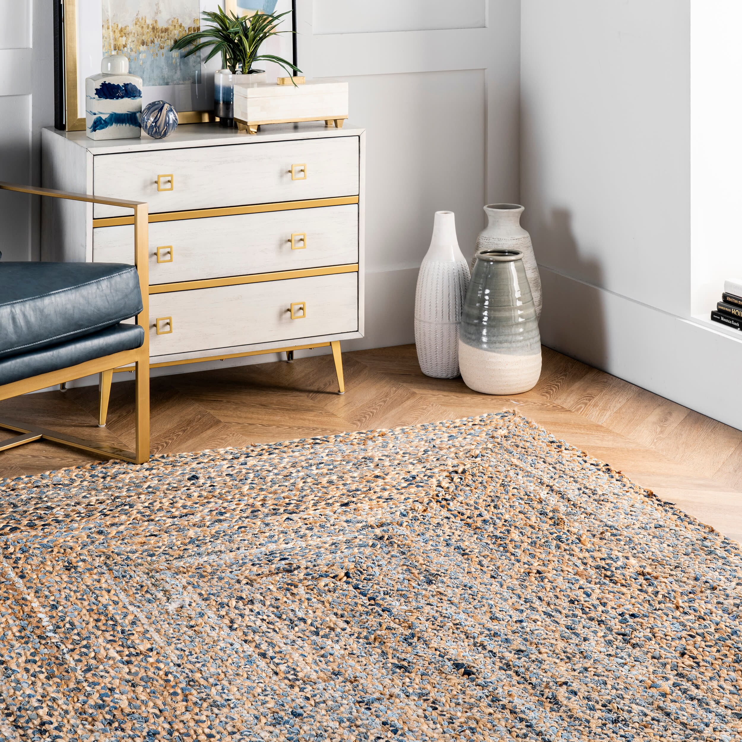 Handmade Blue and Beige Braided Cotton Rectangular Rug