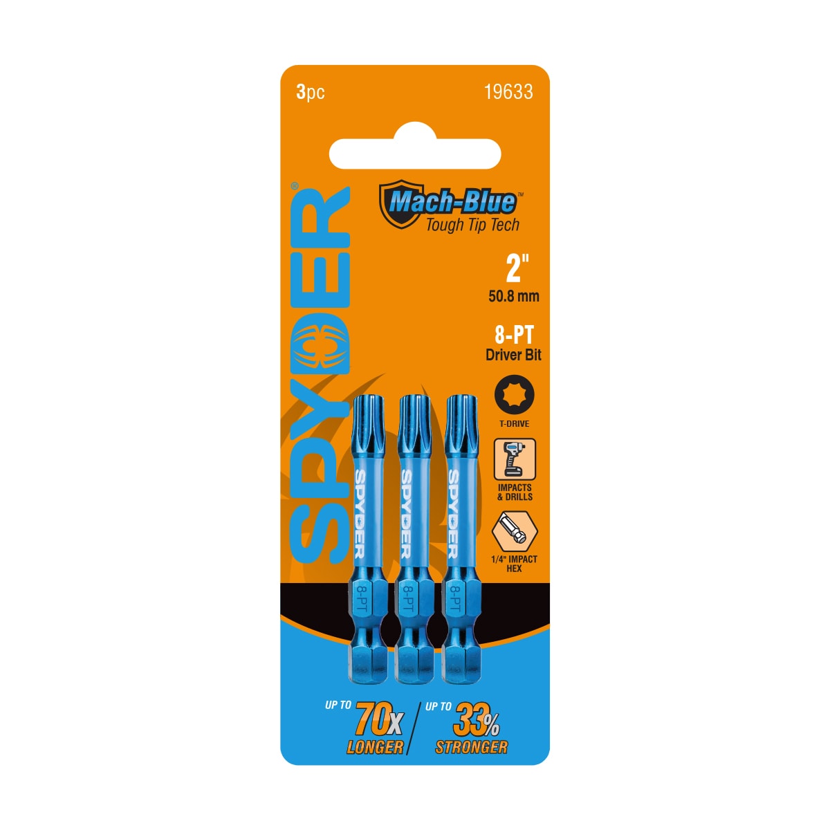 Spyder 19633 Mach-Blue 1/4-in x 2-in 8-PT Impact Driver Bit 3 -Piece