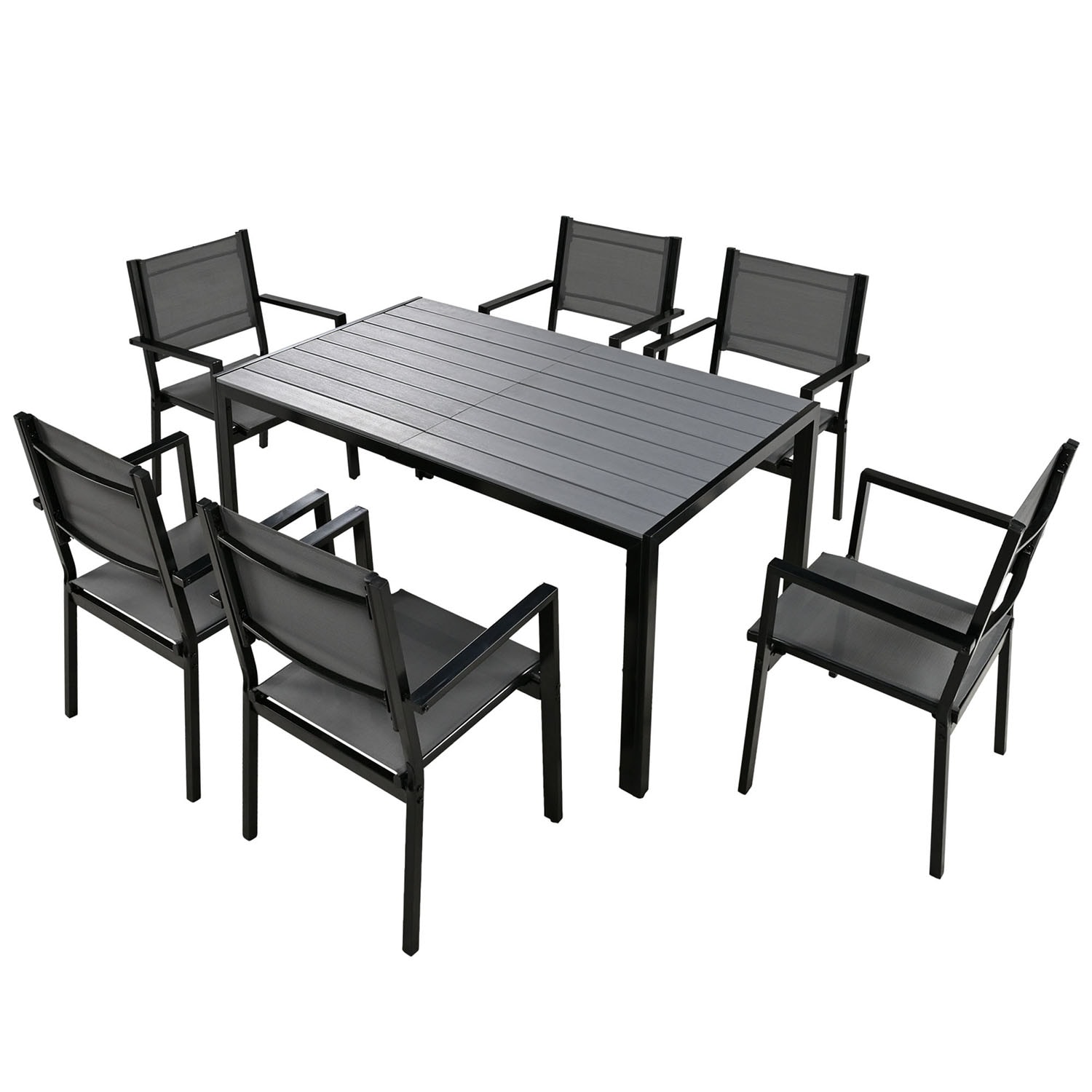 Bybafun YA0200221 7 -Piece Black Patio Dining Set Steel Rectangle Table with 6 Gray Stationary Chairs