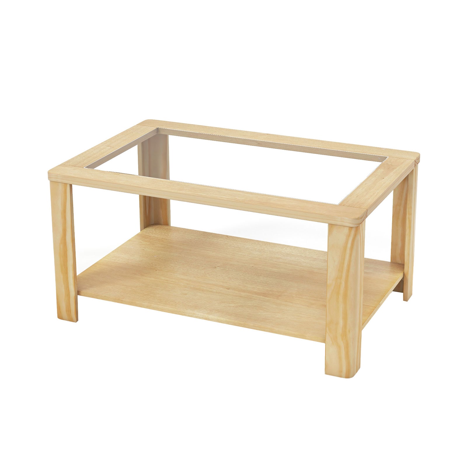 Slickblue D-CO-AN83611VJ Natural Tempered Glass Coffee Table with Pine Wood Legs Two Tier Design Bottom Shelf for Living Room