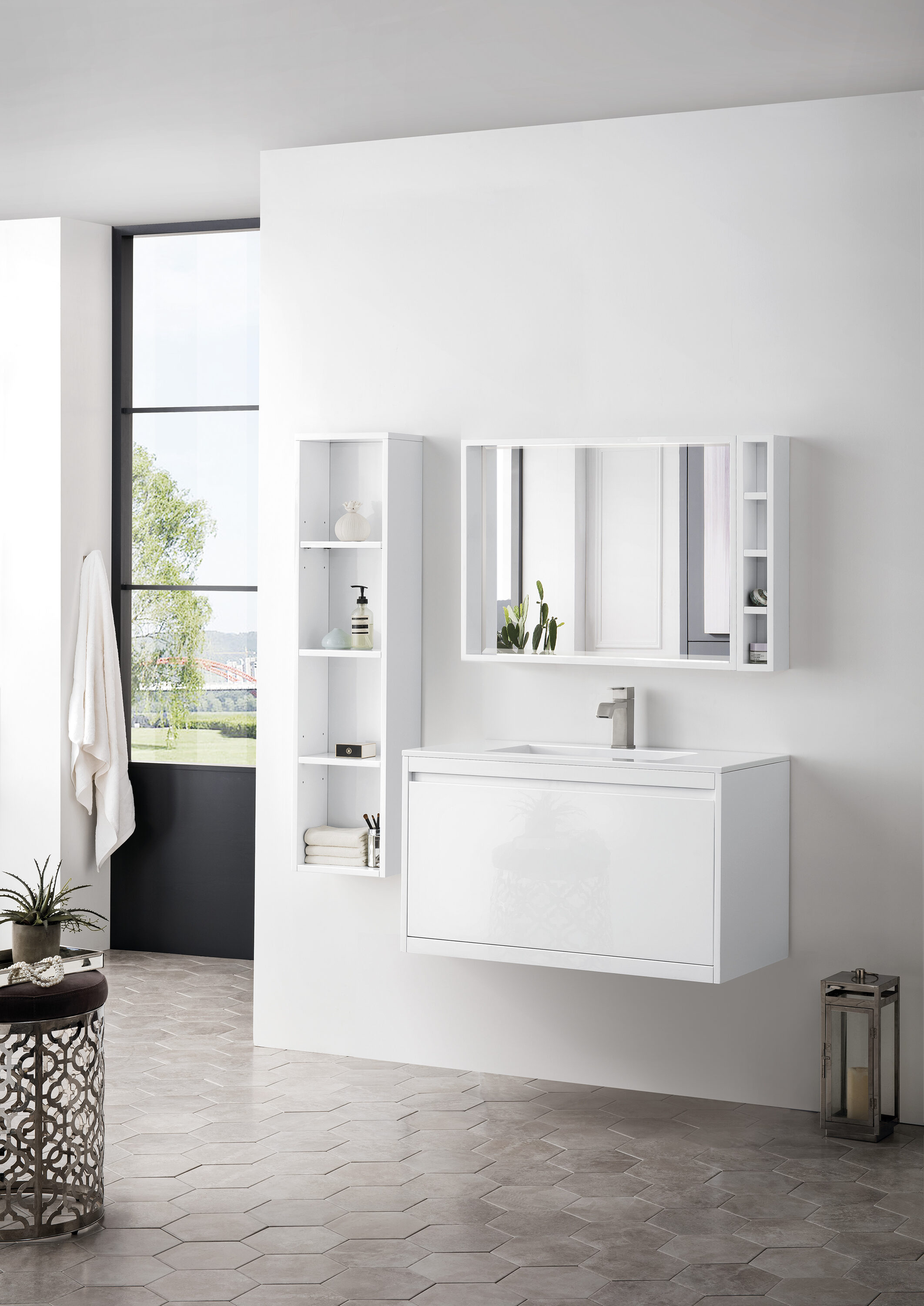 Glossy White 35.4" Wall-Mount Single Bathroom Vanity with Mineral Composite Sink