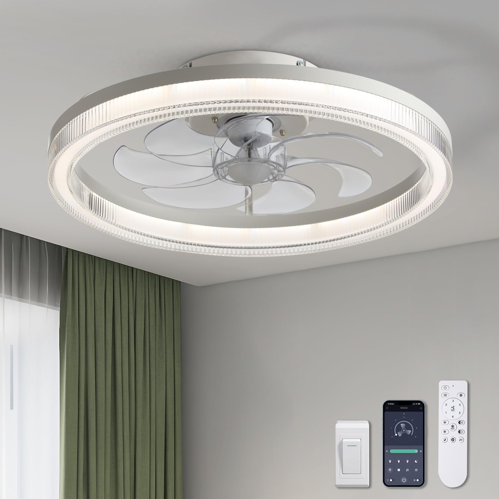 SILJOY CFL-1127-02 Flush mount Ceiling Fan with Light and Remote Control Include