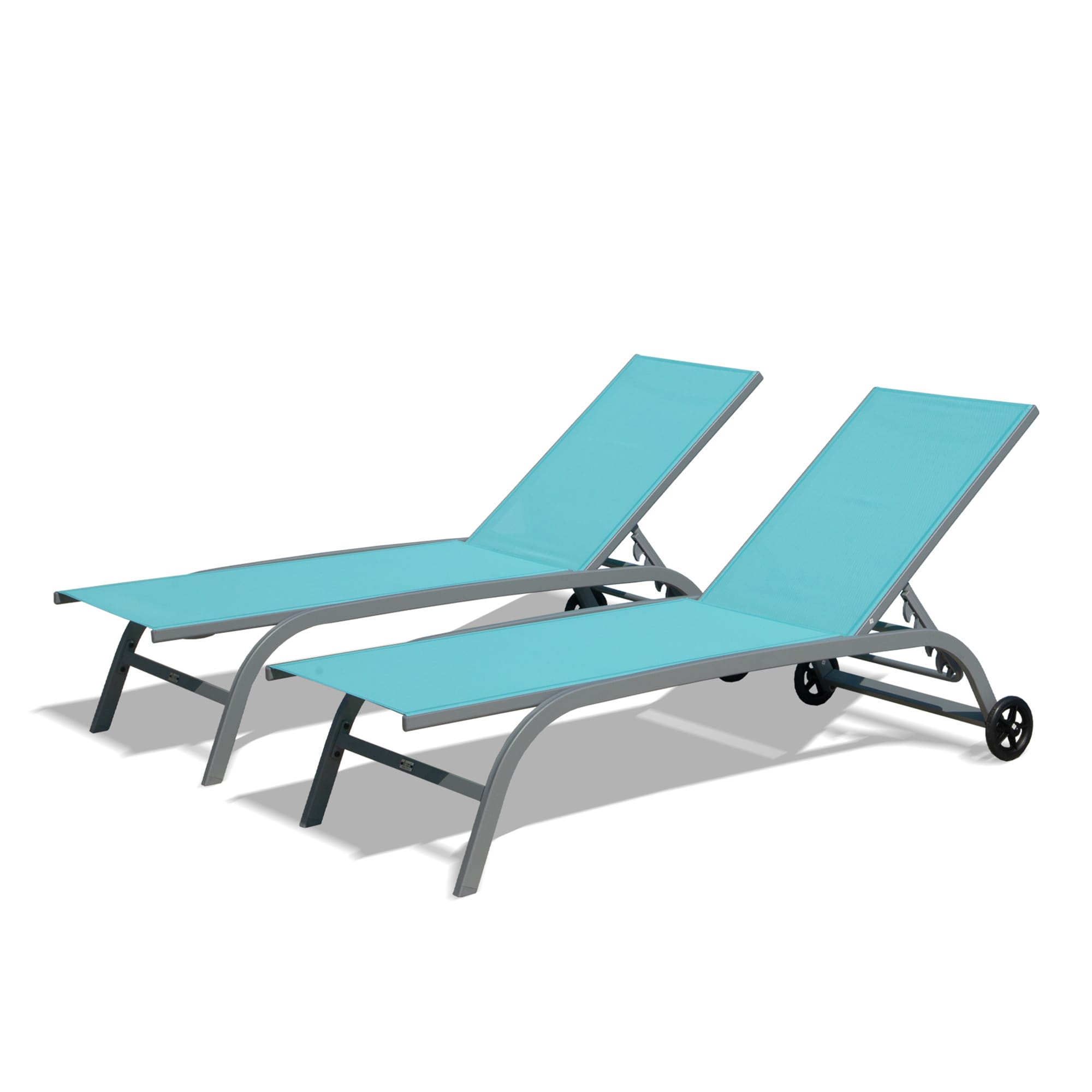 ToolCat PG2-142-PT Set of 2 Stackable Sliver Aluminum Frame Swivel Chaise Lounge Chair with Blue Mesh Seat