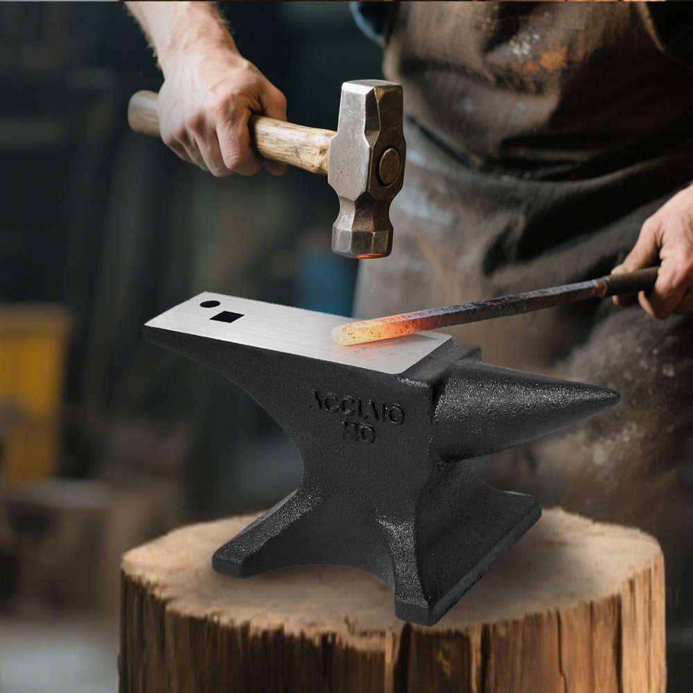 LOVMOR SF-Y-W2885P288515 Single Horn Anvil 110Lbs Cast Steel Anvil High Hardness Rugged Round Horn Anvil Blacksmith Large Countertop and Stable Base with Round and Square Hole Metalsmith Tool for Bending and Shaping