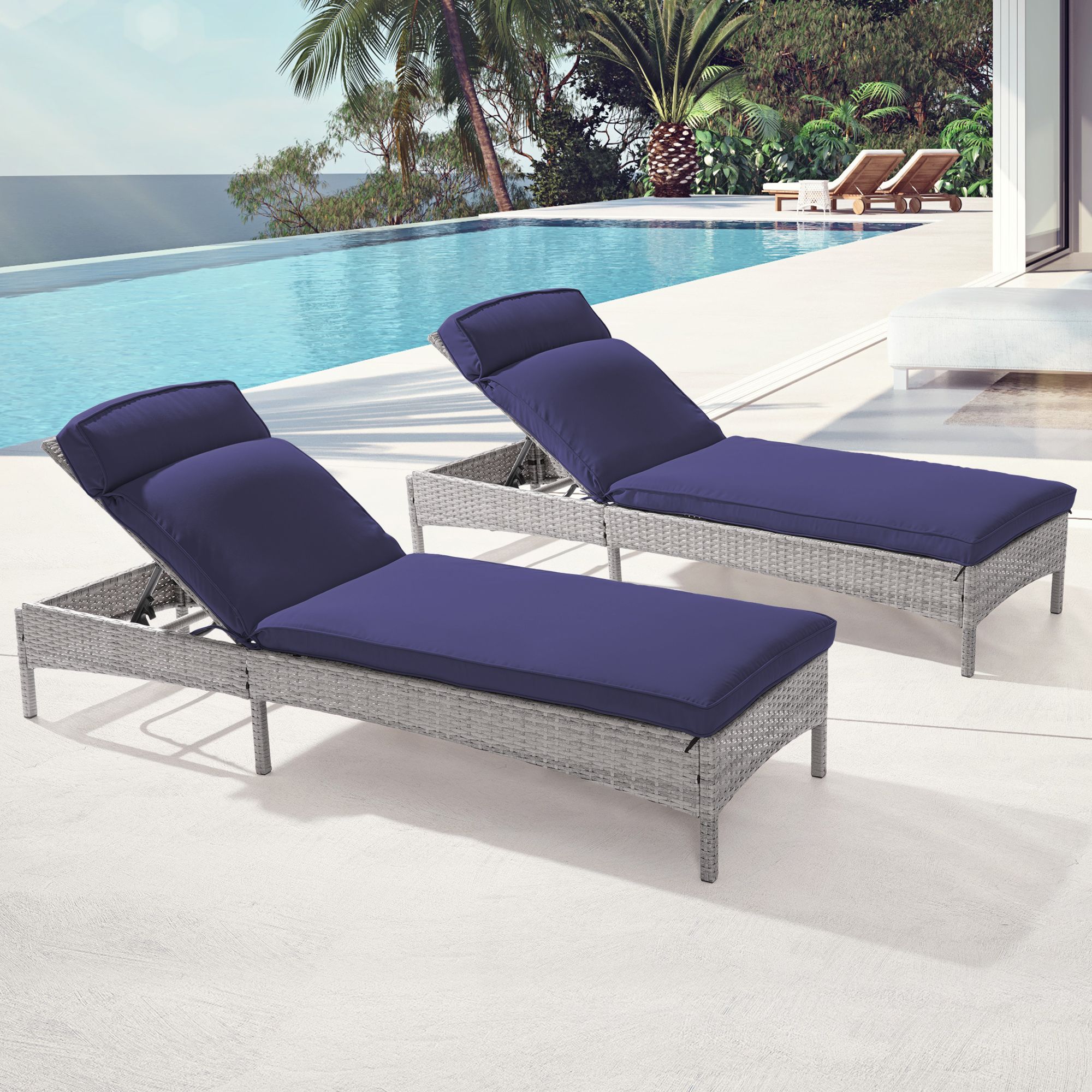 ACEGOSES LW-723-NY-2 Patio chairs Set of 2 Wicker Navy Blue Steel Frame Stationary Chaise Lounge Chair with Navy Cushioned Seat
