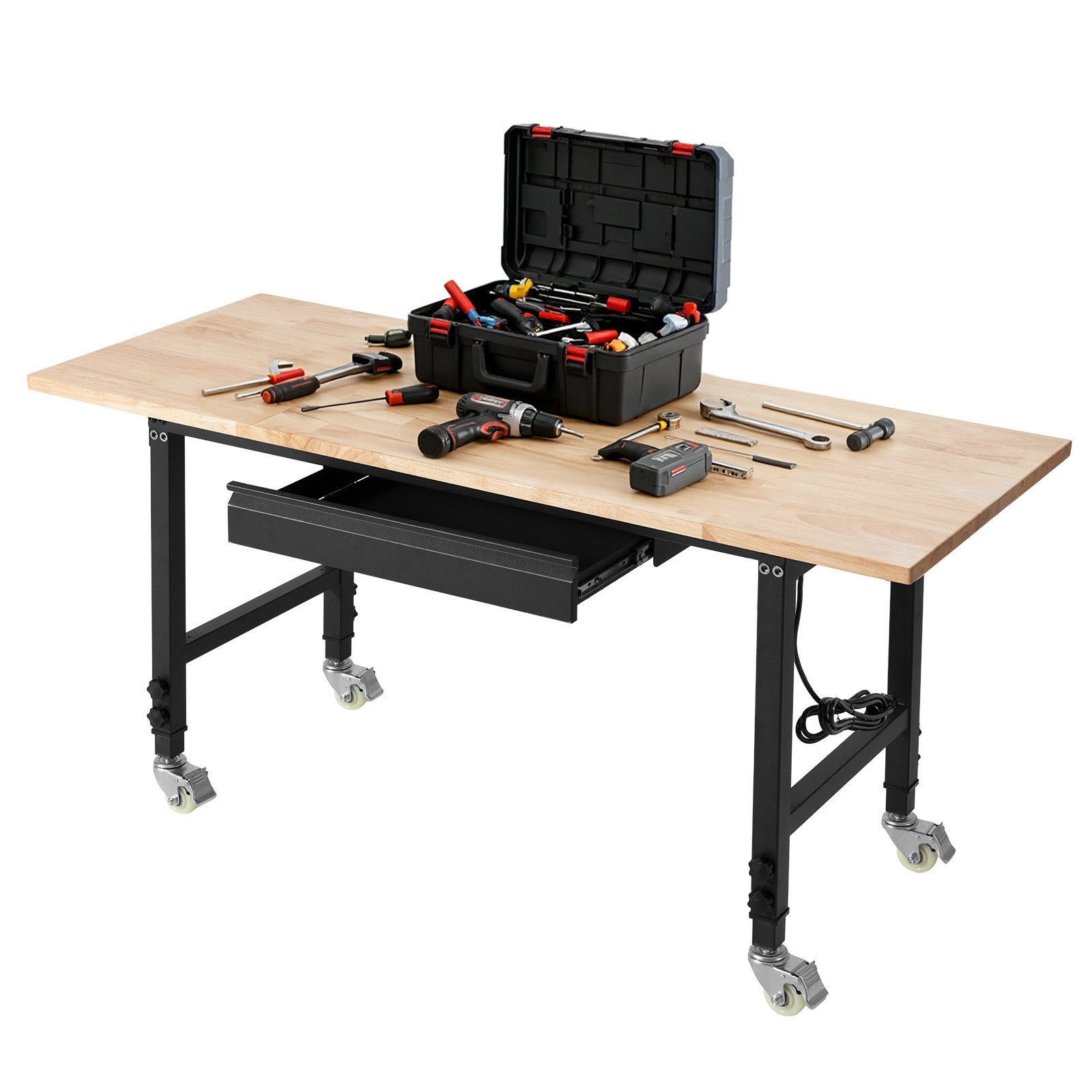 Mecale 60-in Adjustable Workbench Oak Top 2000-lb Rolling Bench with Drawer and Power Outlets Natural