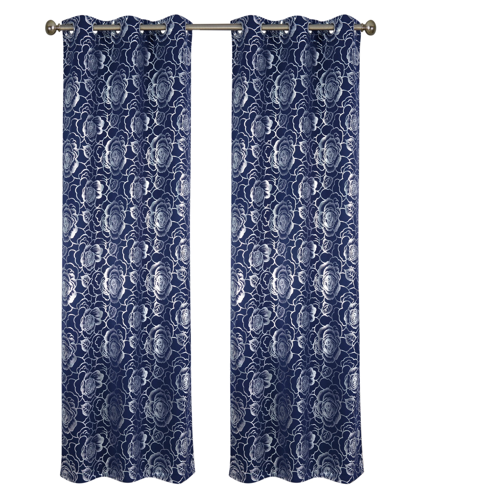 J&V TEXTILES BETHANY NAVY 84-Inches Outdoor Navy Floral Blackout Standard lined Grommet Curtain panel pair