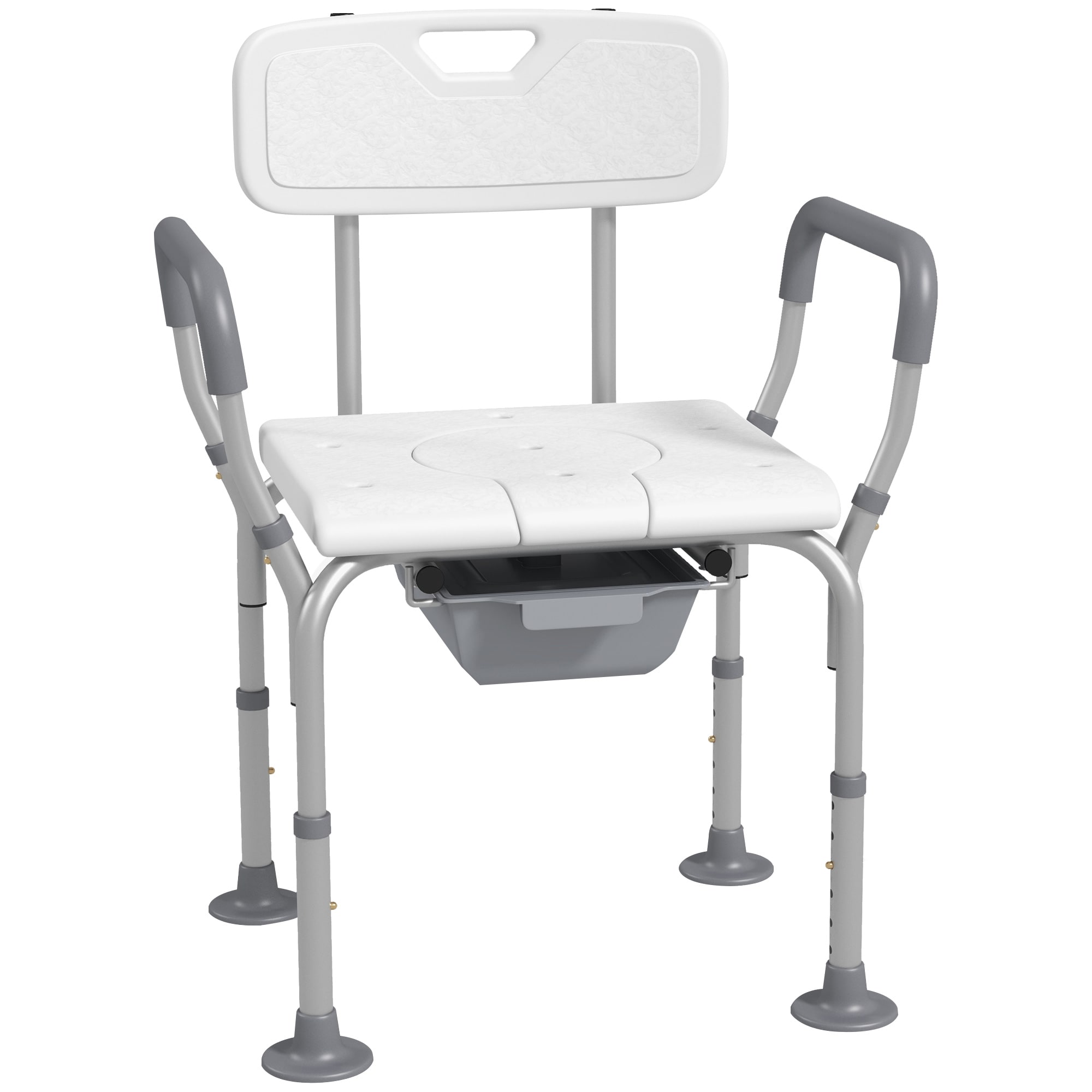 HomCom 713-136V00WT 3-in-1 Shower Chair with Back and Arms Height Adjustable Bedside Commode Raised Toilet Seat with Non-Slip Rubber Foot Pad for Seniors Disabled White