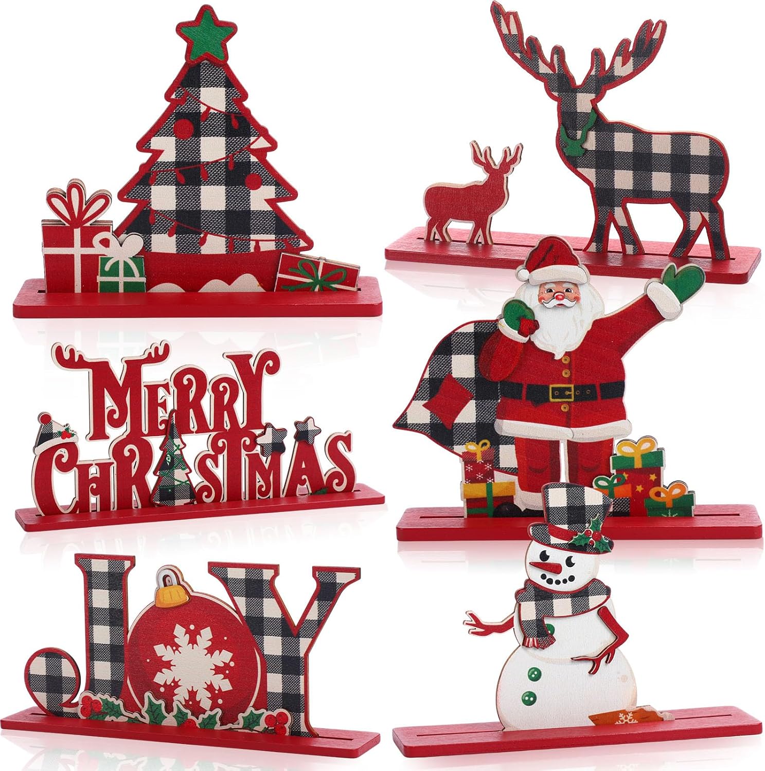ZHANYIGY 6 Pcs Christmas Table Decorations Rustic 3D Wooden Christmas Table Centerpieces Red Black Plaid Joy Snowman Elk Santa Claus Xmas Farmhouse Wooden Signs for Home Party Decor