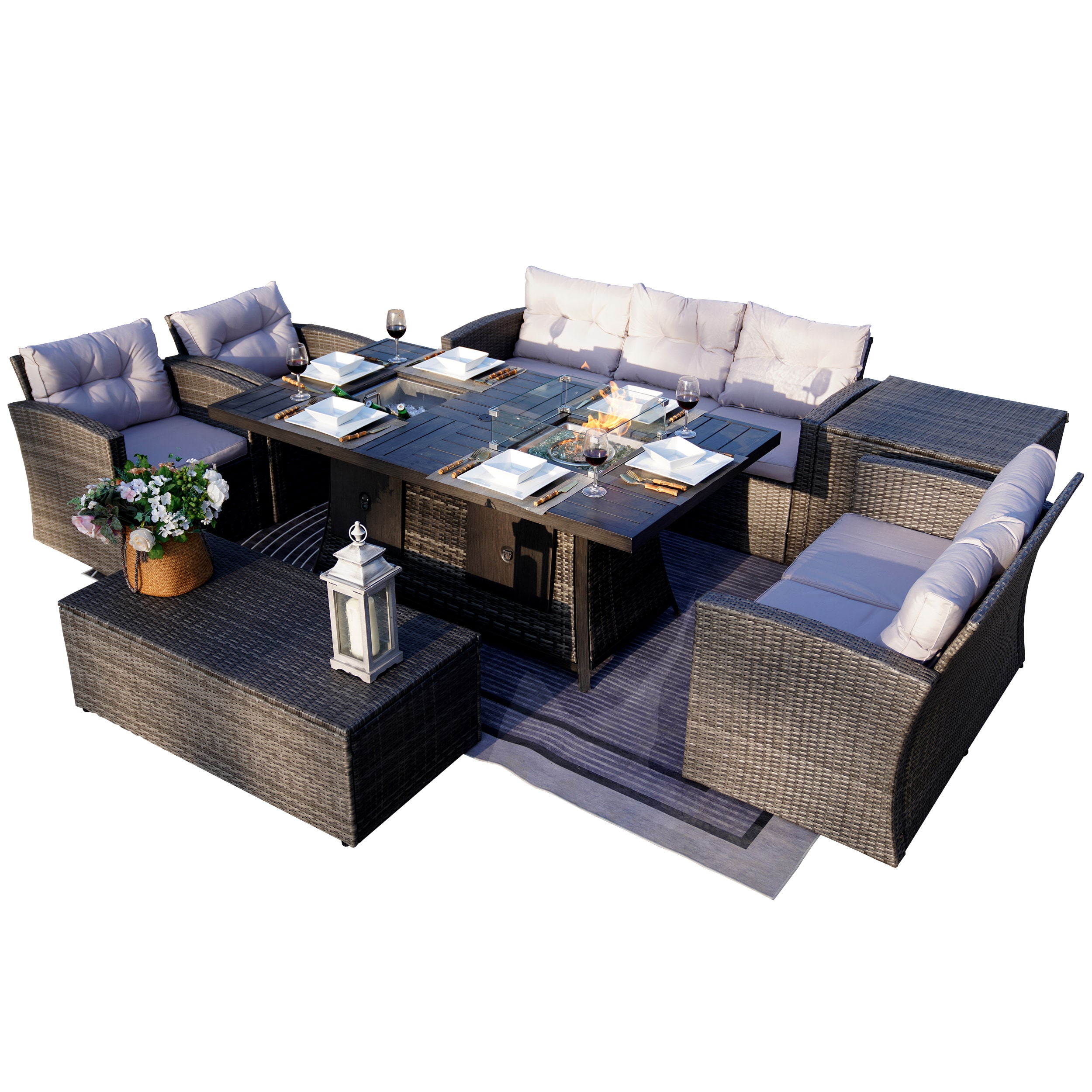 Moda Furnishings 1503-1106FI-G 7 -Piece Wicker Patio Sofa Conversation Set with Gray Cushions